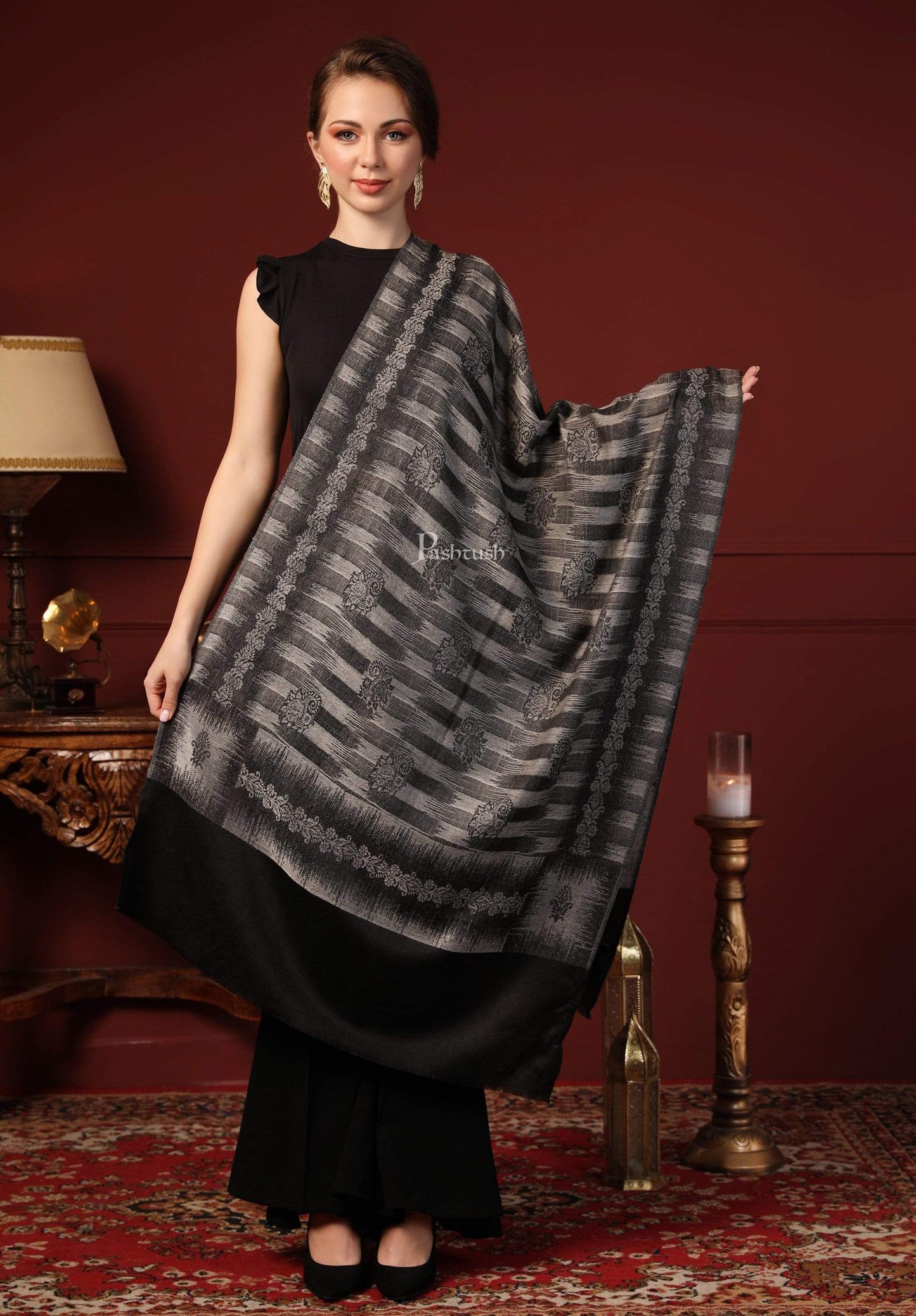 Pashtush India 70x200 Pashtush Women's Fine Wool Ikkat Design, Stole, Black and Grey