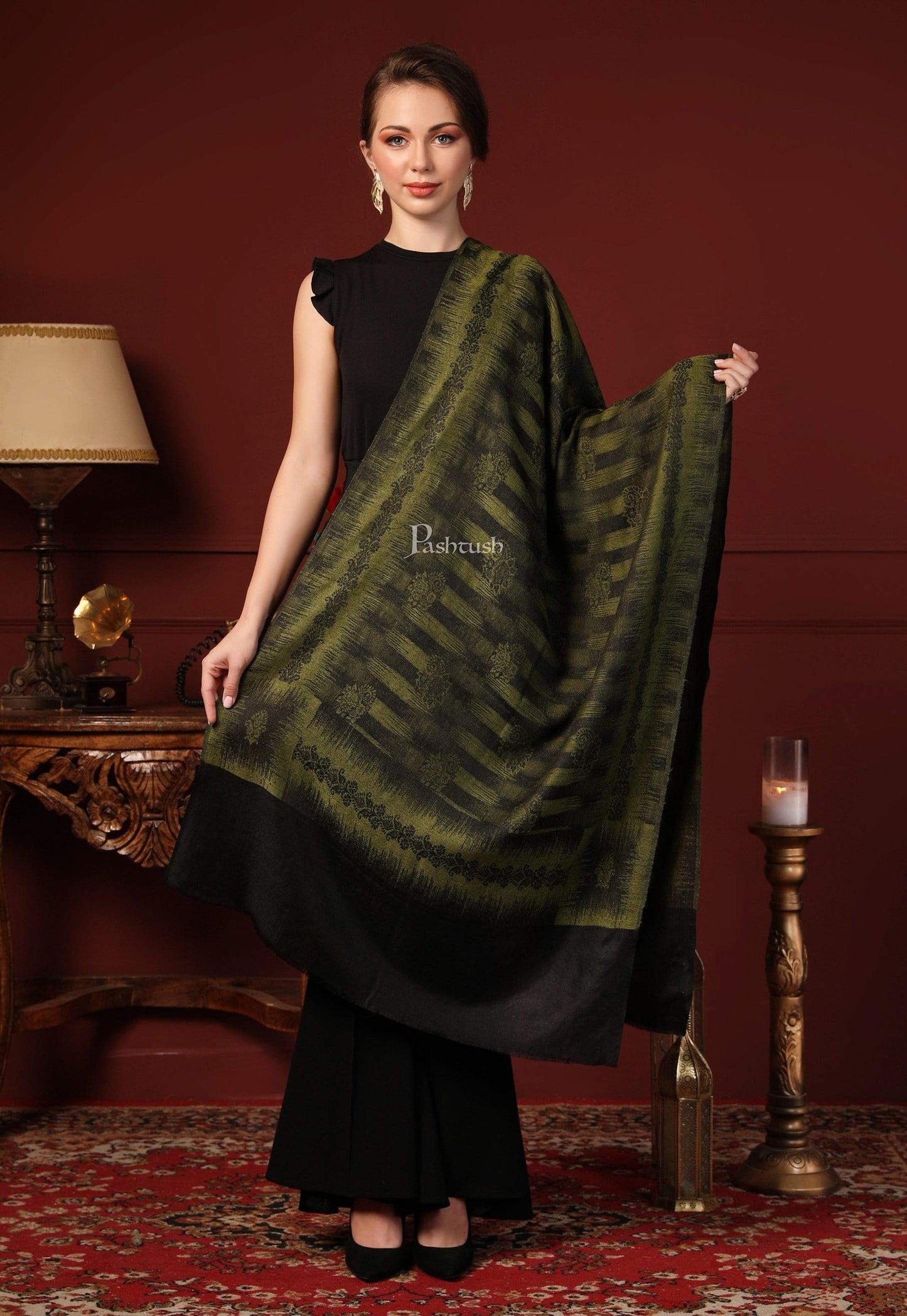 Pashtush India 70x200 Pashtush Women's Fine Wool Ikkat Design, Stole, Emerald Green