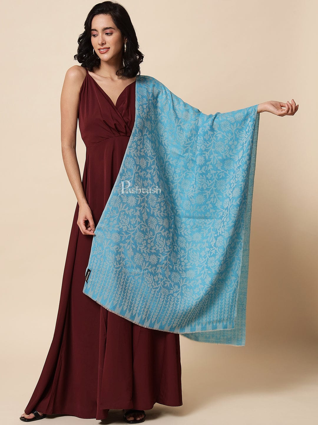 Pashtush India Womens Stoles and Scarves Scarf Pashtush Women's Fine Wool, Reversible Floral Scarf, Soft And Warm, Arctic Blue