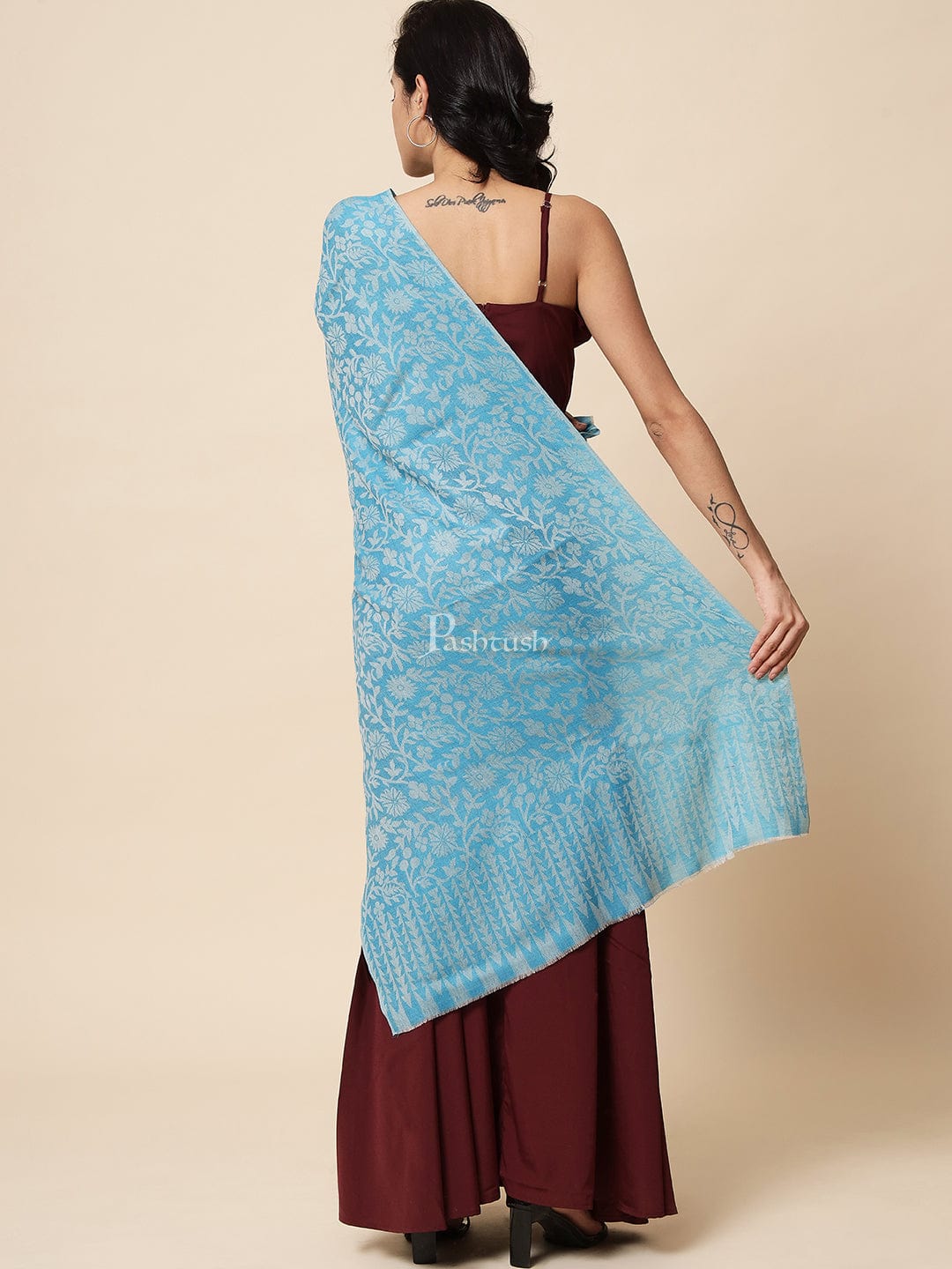 Pashtush India Womens Stoles and Scarves Scarf Pashtush Women's Fine Wool, Reversible Floral Scarf, Soft And Warm, Arctic Blue