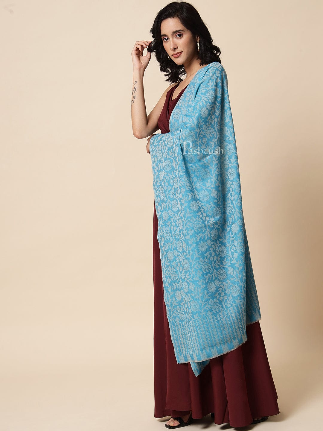Pashtush India Womens Stoles and Scarves Scarf Pashtush Women's Fine Wool, Reversible Floral Scarf, Soft And Warm, Arctic Blue