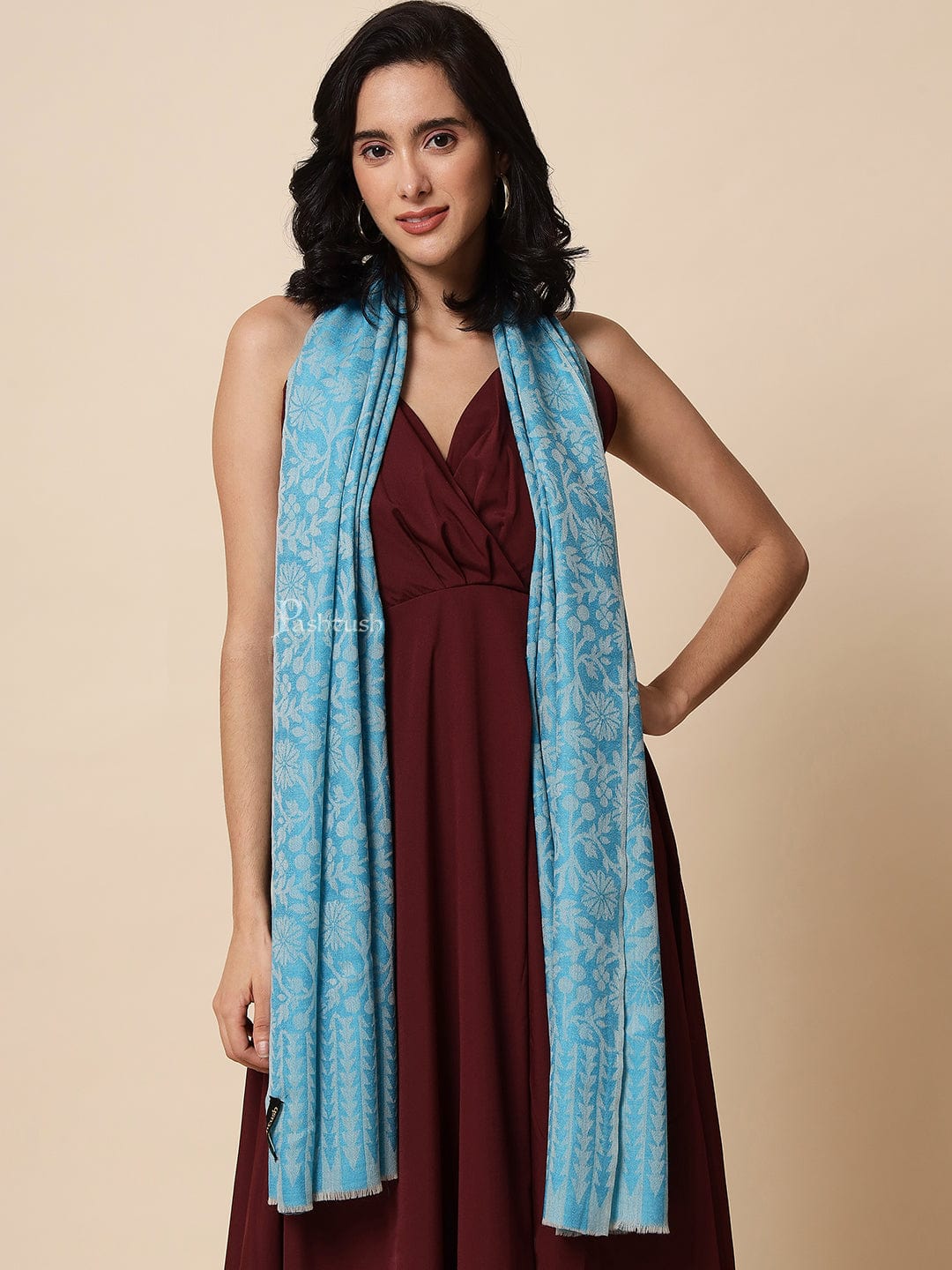 Pashtush India Womens Stoles and Scarves Scarf Pashtush Women's Fine Wool, Reversible Floral Scarf, Soft And Warm, Arctic Blue