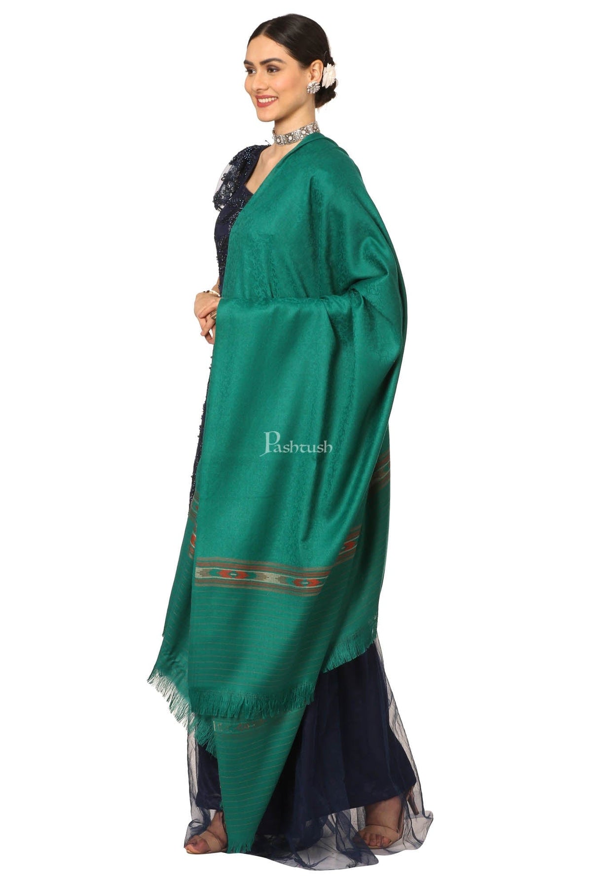 Pashtush India Womens Shawls Pashtush Women'S Fine Wool Shawl, Soft And Warm, Aztec Design, Jacquard Weave - Bottle Green