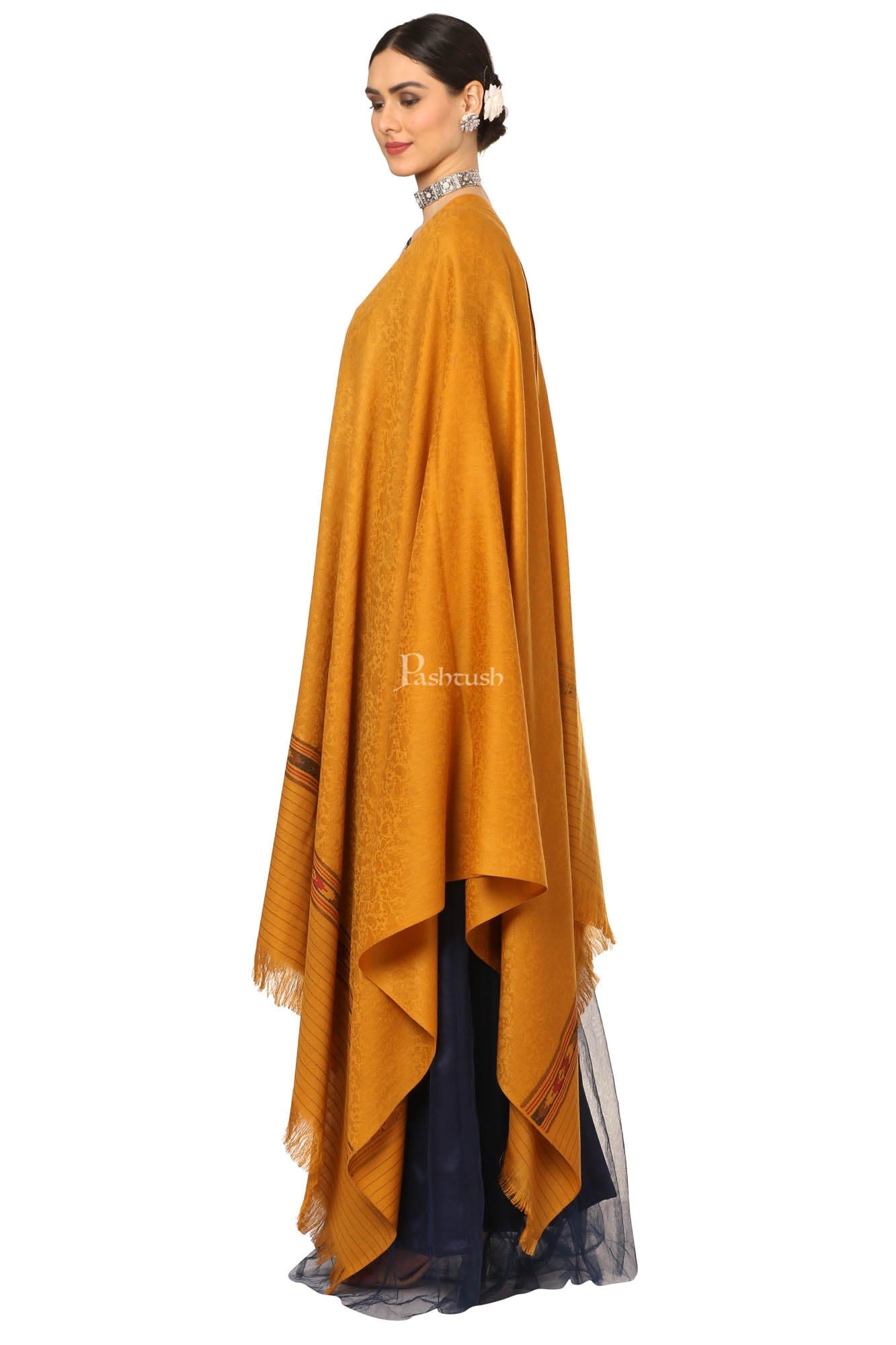 Pashtush India Womens Shawls Pashtush Women'S Fine Wool Shawl, Soft And Warm, Aztec Design, Jacquard Weave - Palla Mustard