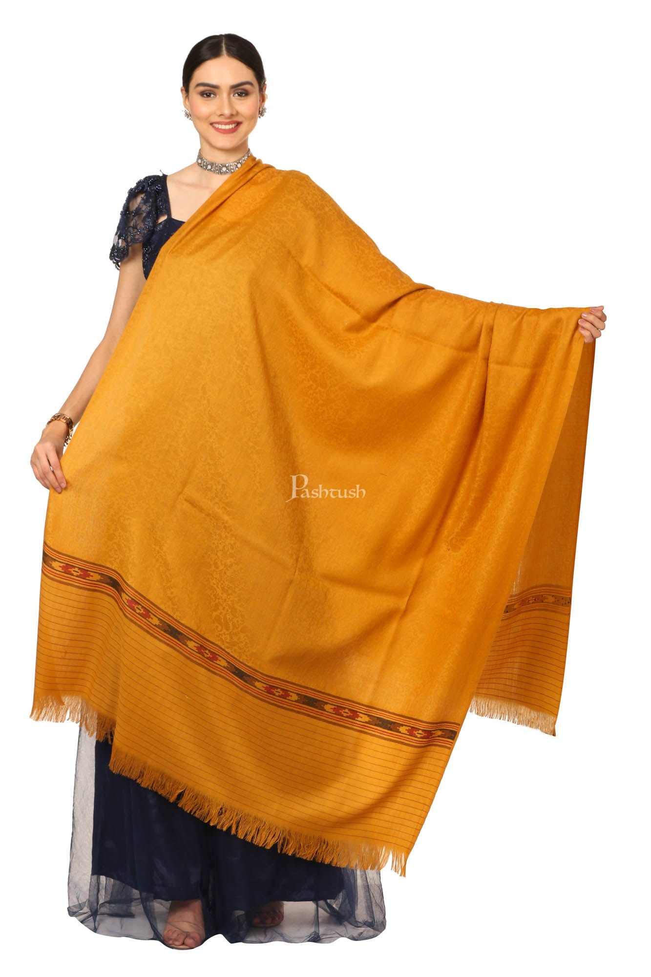 Pashtush India Womens Shawls Pashtush Women'S Fine Wool Shawl, Soft And Warm, Aztec Design, Jacquard Weave - Palla Mustard