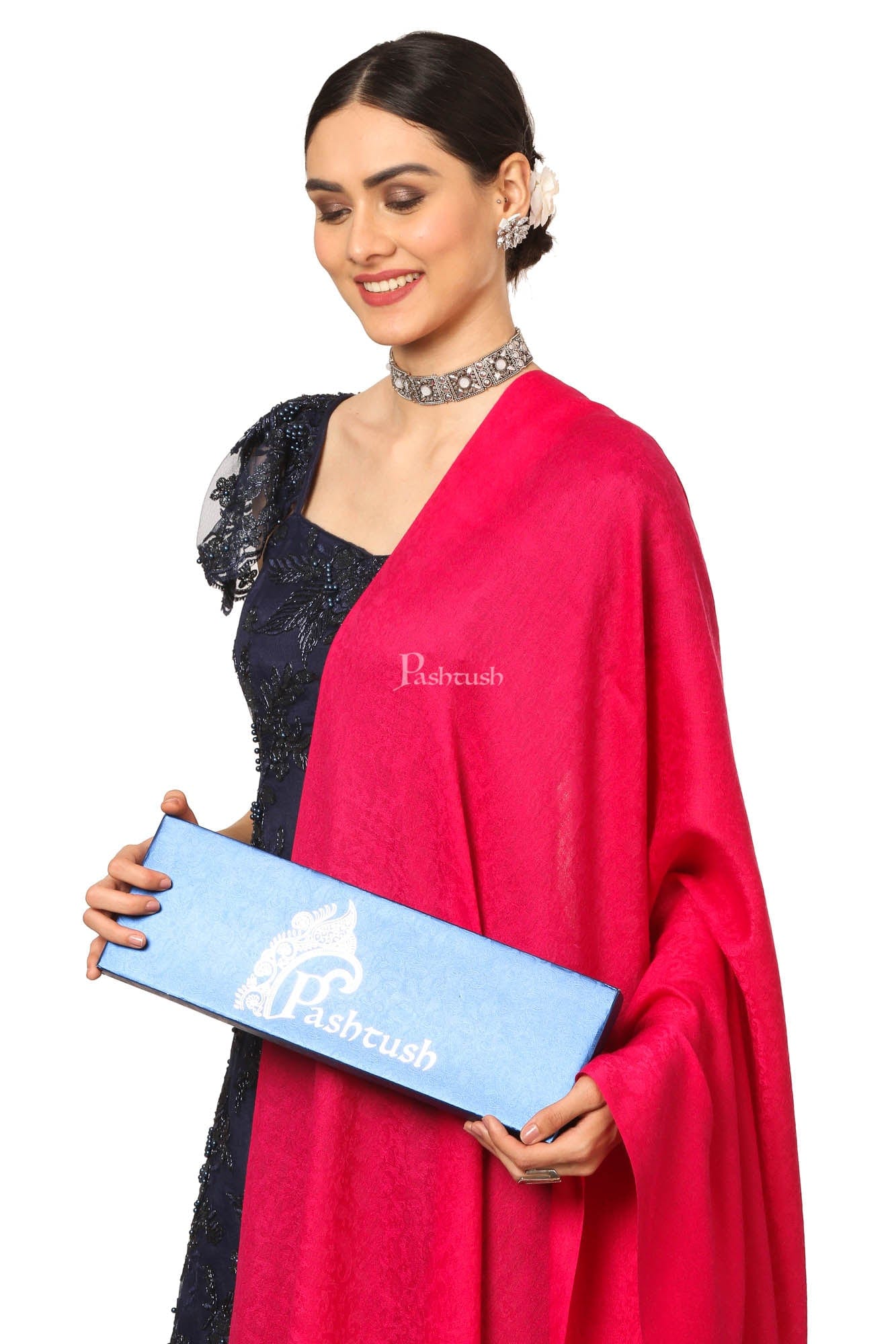 Pashtush India Womens Shawls Pashtush Women'S Fine Wool Shawl, Soft And Warm, Aztec Design, Jacquard Weave - Pink