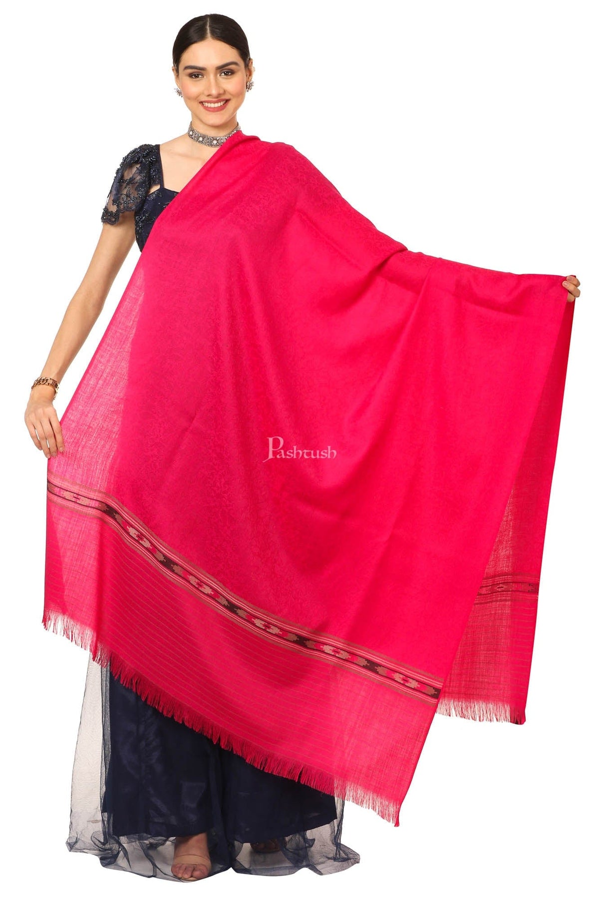 Pashtush India Womens Shawls Pashtush Women'S Fine Wool Shawl, Soft And Warm, Aztec Design, Jacquard Weave - Pink