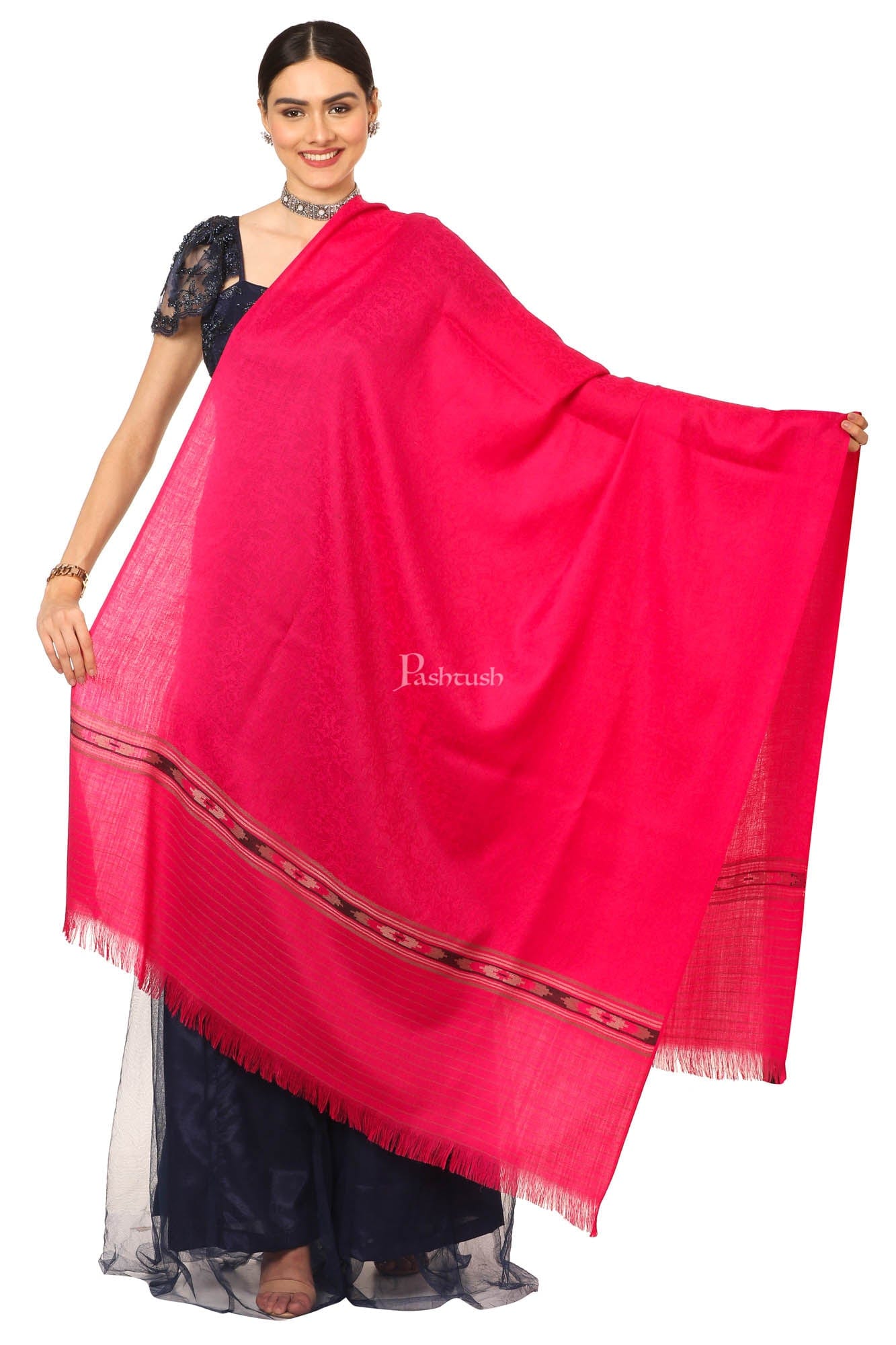 Pashtush India Womens Shawls Pashtush Women'S Fine Wool Shawl, Soft And Warm, Aztec Design, Jacquard Weave - Pink