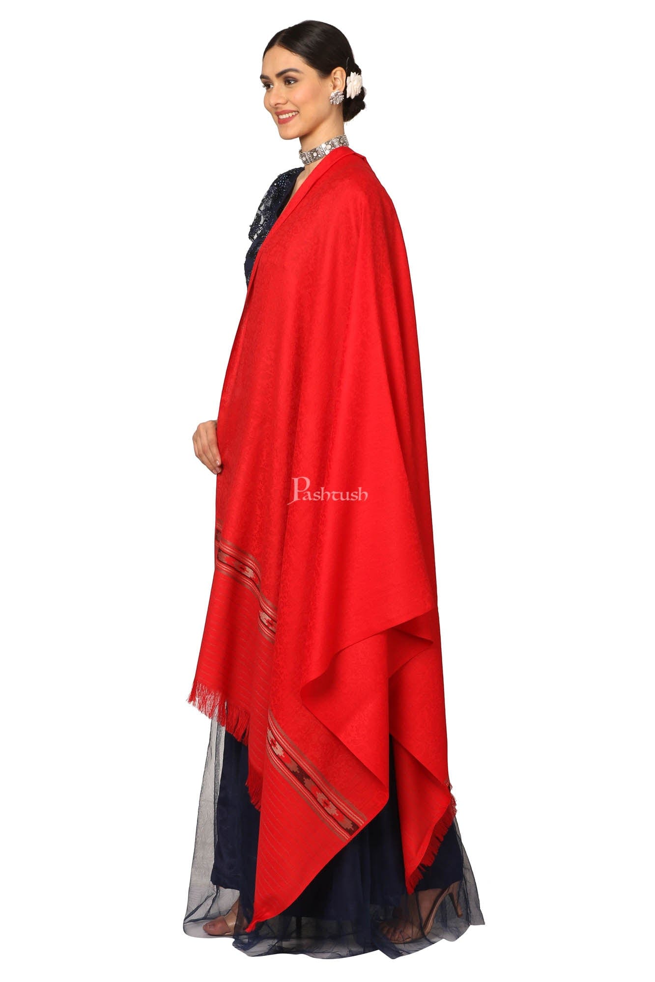 Pashtush India Womens Shawls Pashtush Women'S Fine Wool Shawl, Soft And Warm, Aztec Design, Jacquard Weave - Red