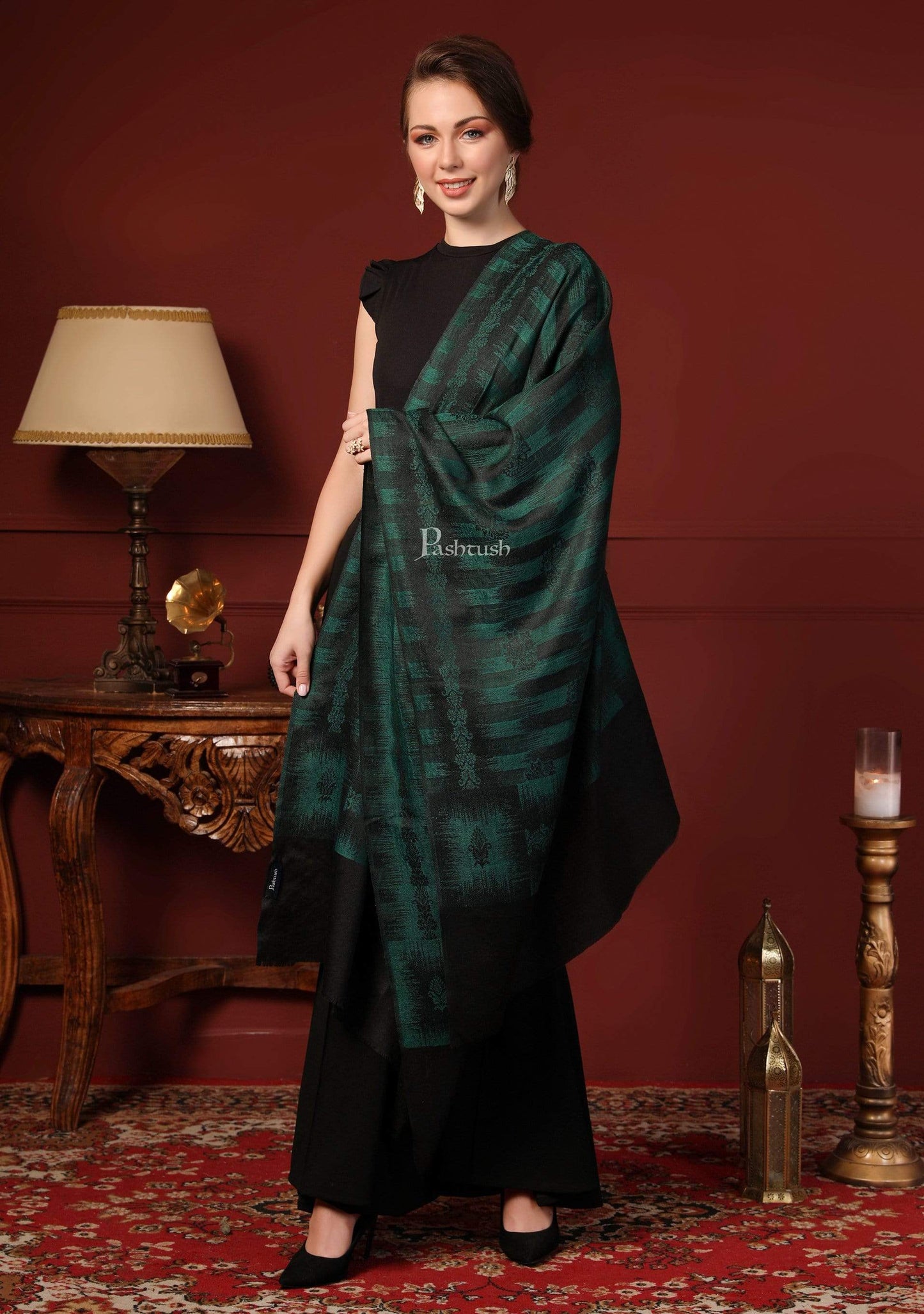 Pashtush India 70x200 Pashtush Women's Fine Wool Stole, Ikkat Design, Azure Green