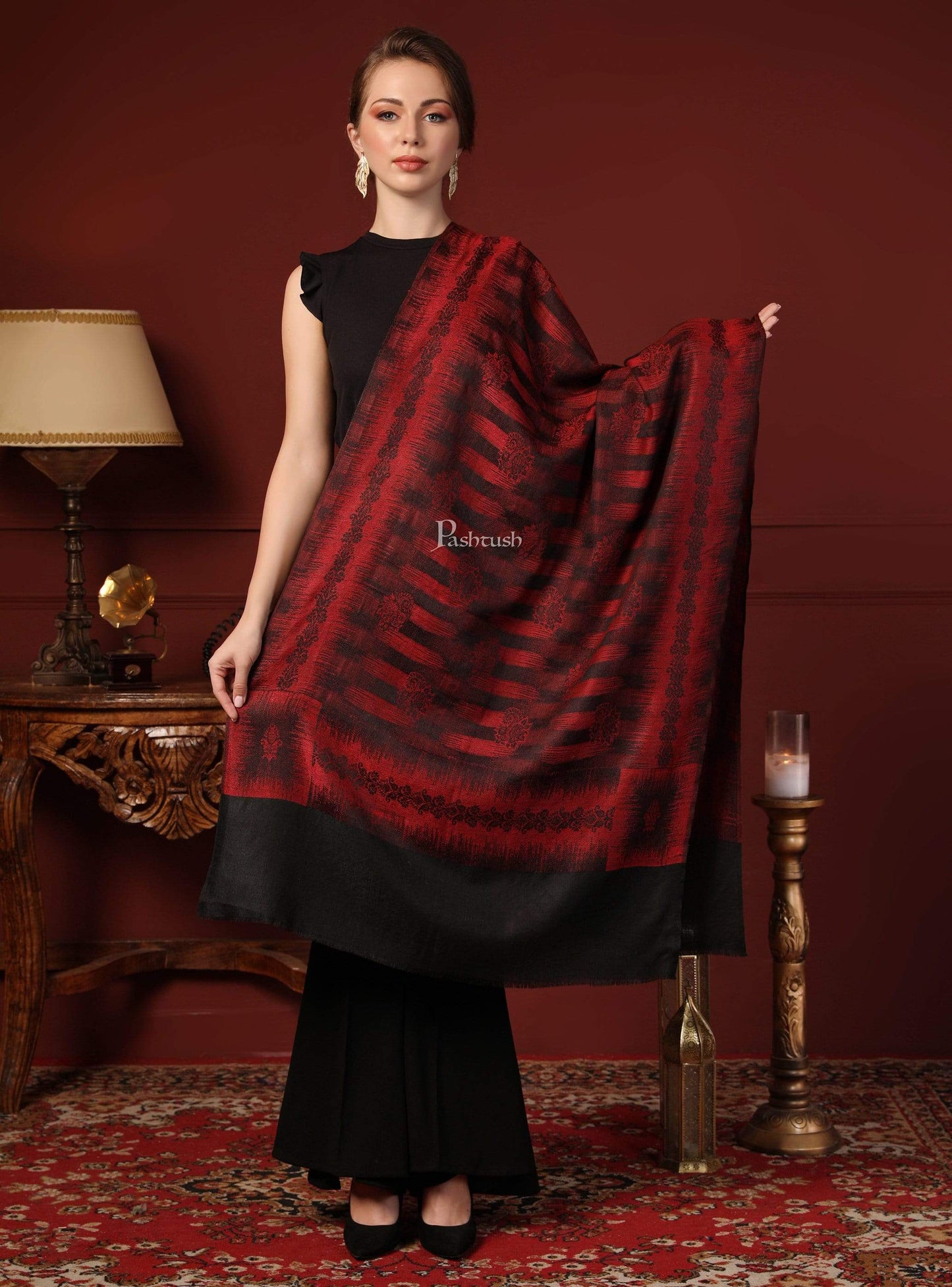 Pashtush India 70x200 Pashtush Women's Fine Wool Stole, Ikkat Design, Maroon and Black