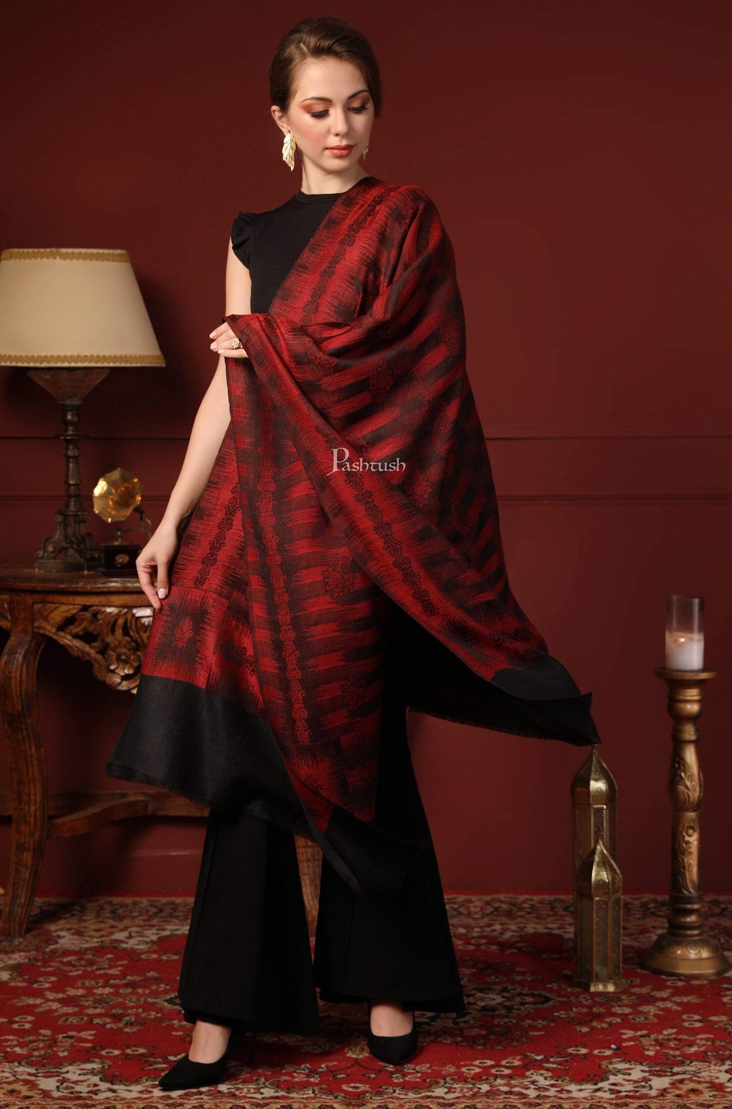 Pashtush India 70x200 Pashtush Women's Fine Wool Stole, Ikkat Design, Maroon and Black