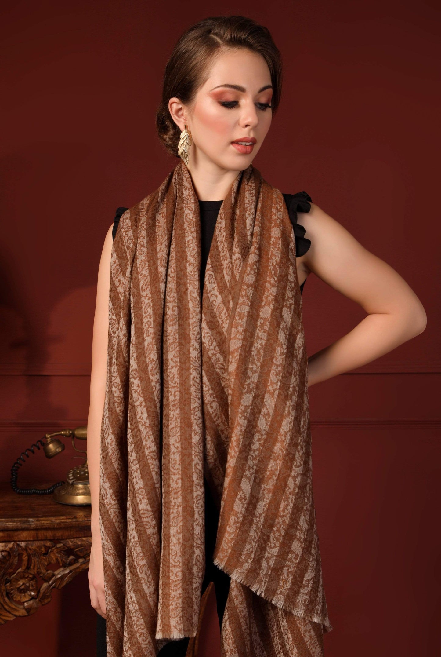 Pashtush India 70x200 Pashtush Women's Fine Wool Striped Stole, Espresso