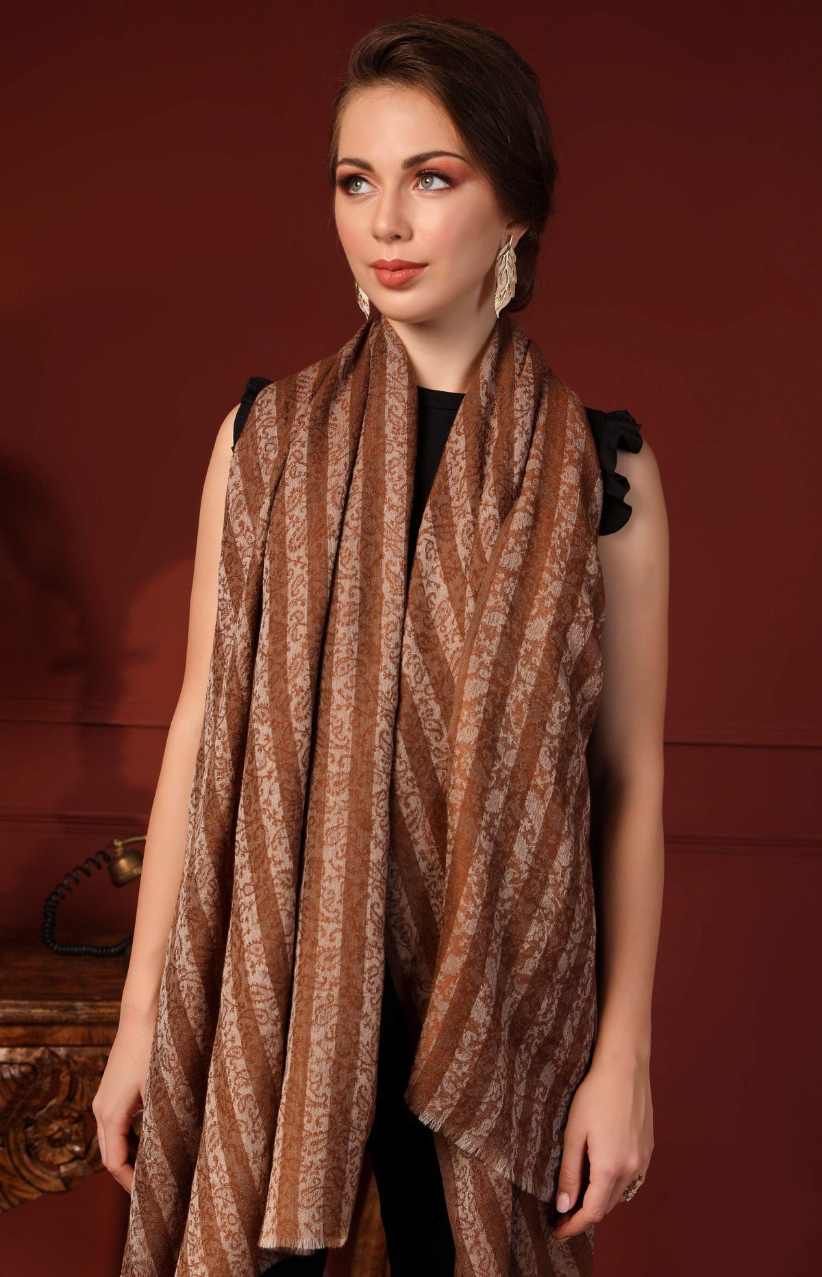 Pashtush India 70x200 Pashtush Women's Fine Wool Striped Stole, Espresso
