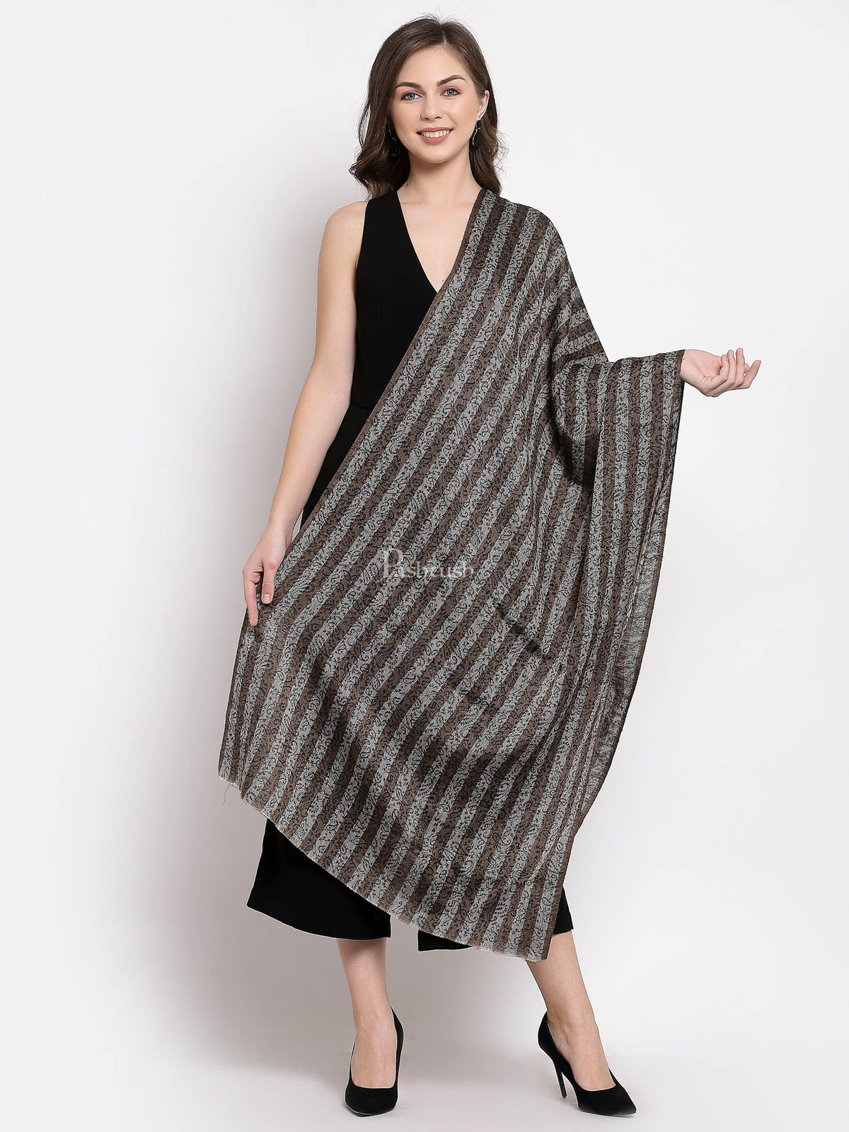 Pashtush India Womens Stoles and Scarves Scarf Pashtush Women'S Fine Wool Striped Stole, Self Weave, Black And Brown
