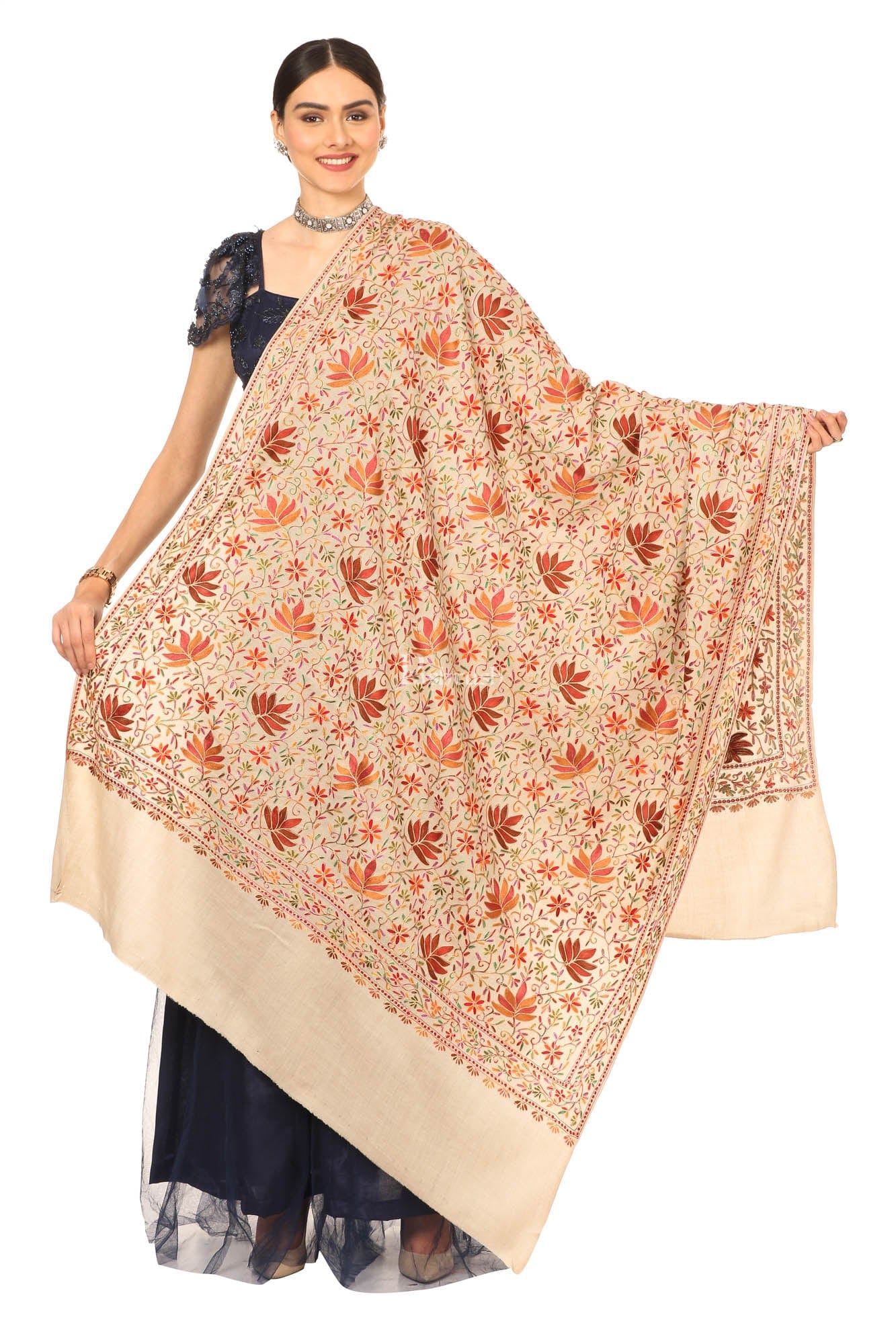 Pashtush India Womens Shawls Pashtush Women’s Hand Embroidered Heavy Nalki Jaal Shawl In Pure Wool (Certified) Shawl