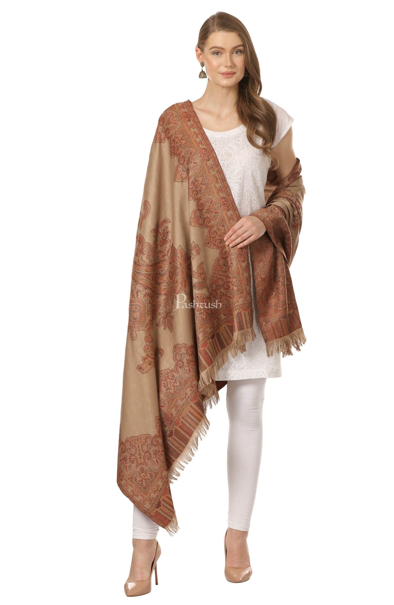Pashtush India Womens Shawls Pashtush Women'S Jacquard Ambi Shawl, Warm And Soft, Faux Pashmina - Beige
