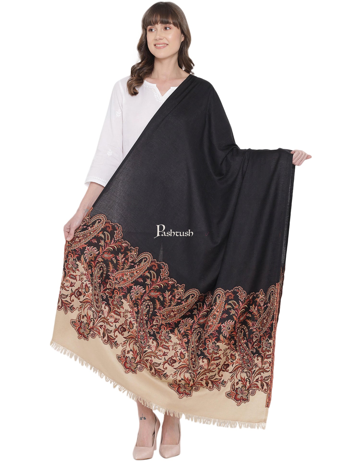 Pashtush India Womens Shawls Pashtush Women's Jacquard Palla Shawl, Soft Faux Pashmina - Beige and Black
