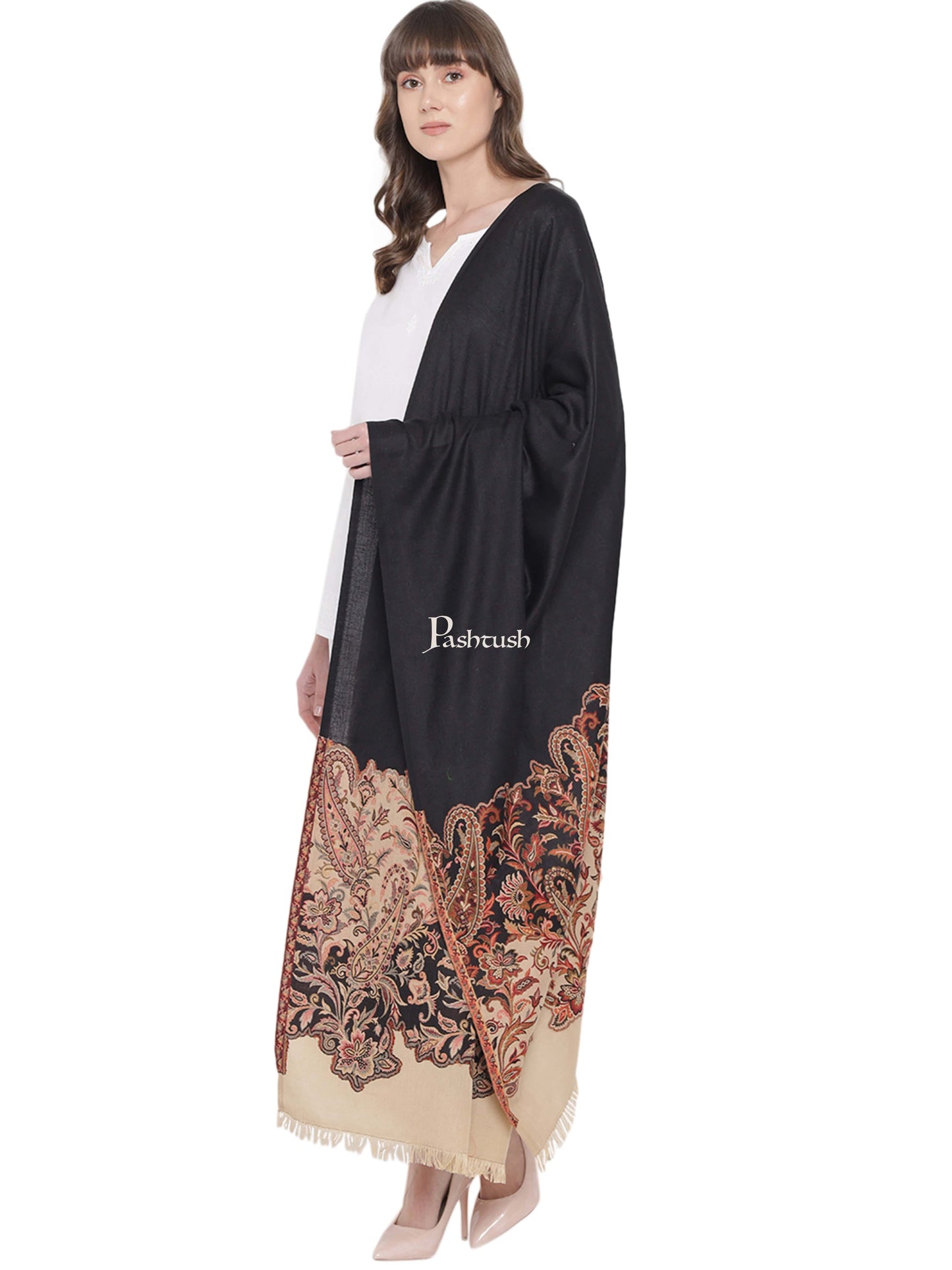 Pashtush India Womens Shawls Pashtush Women's Jacquard Palla Shawl, Soft Faux Pashmina - Beige and Black