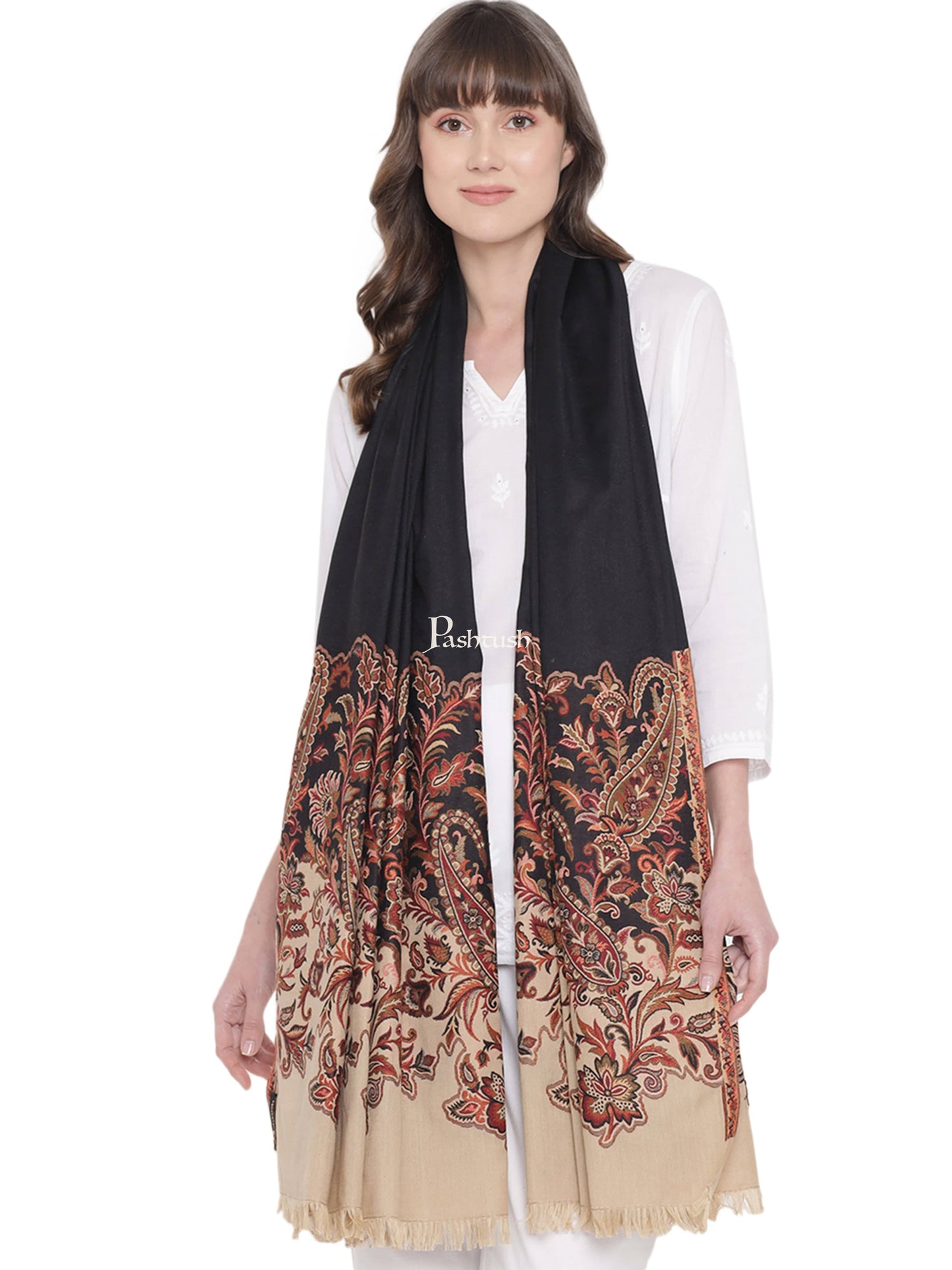Pashtush India Womens Shawls Pashtush Women's Jacquard Palla Shawl, Soft Faux Pashmina - Beige and Black