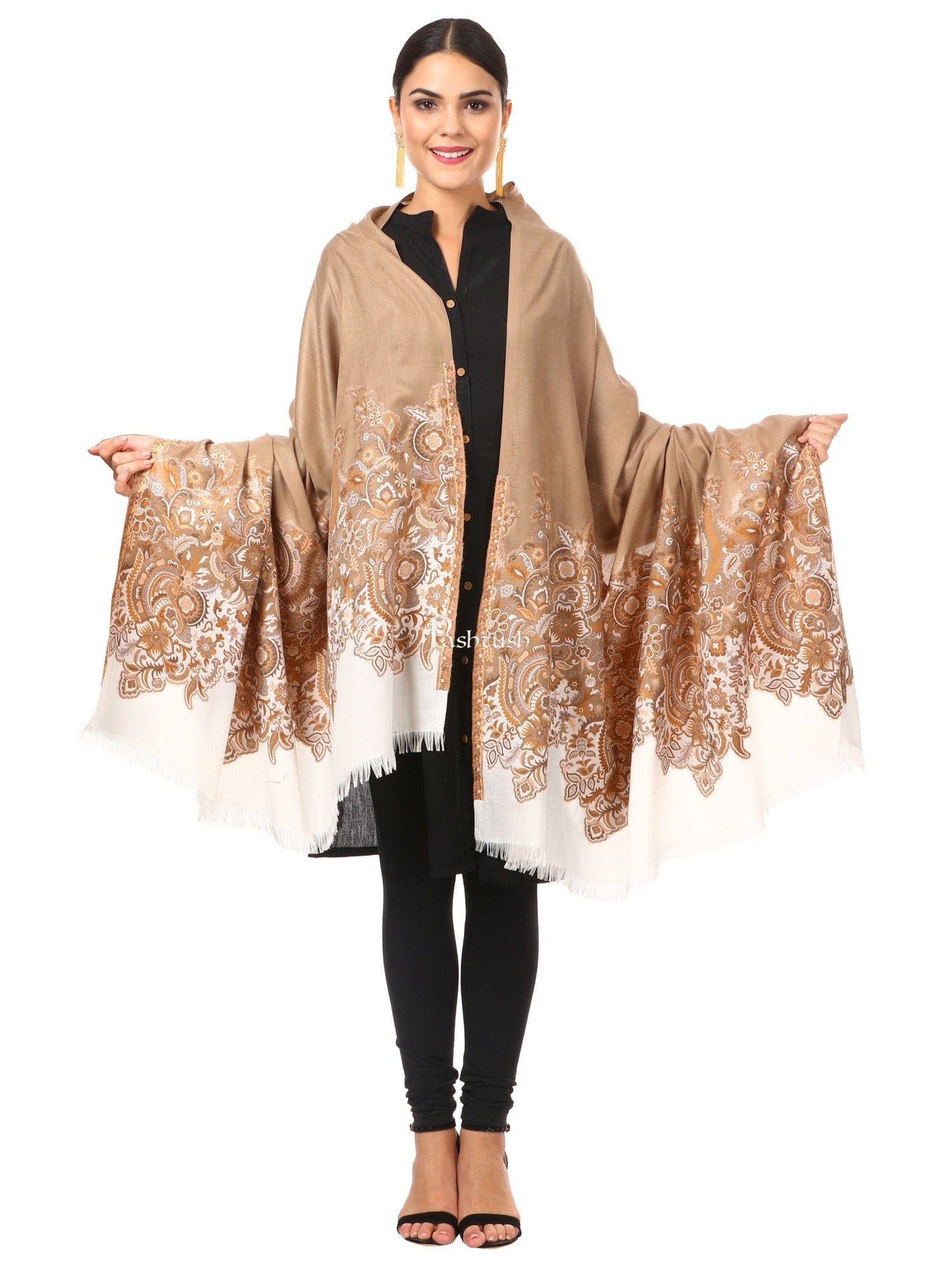 Pashtush Women's Jacquard Palla Shawl, Warm And Soft, Faux Pashmina Beige