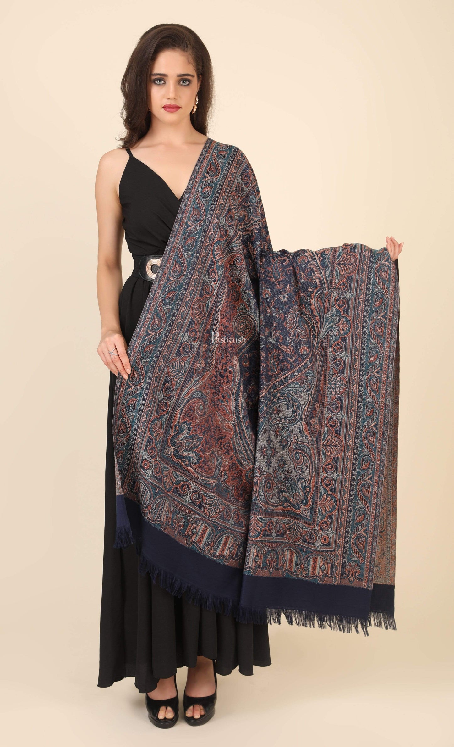 Pashtush India 100x200 Pashtush Women's Jamawar Shawl, Faux Pashmina, Blue