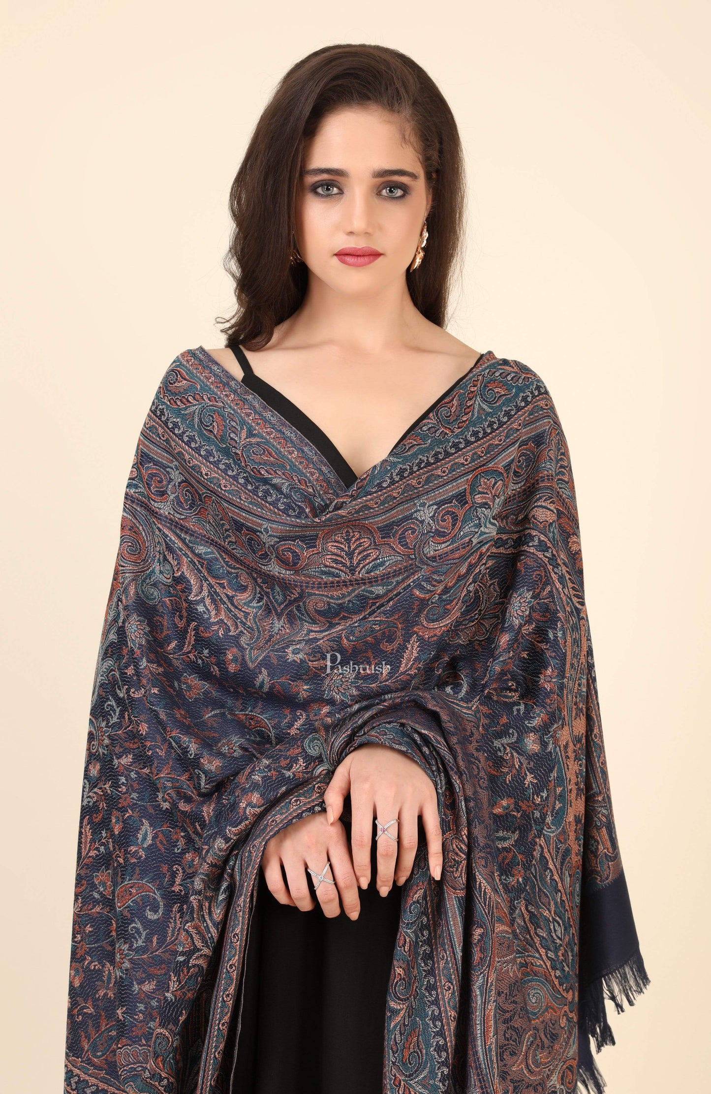 Pashtush India 100x200 Pashtush Women's Jamawar Shawl, Faux Pashmina, Blue