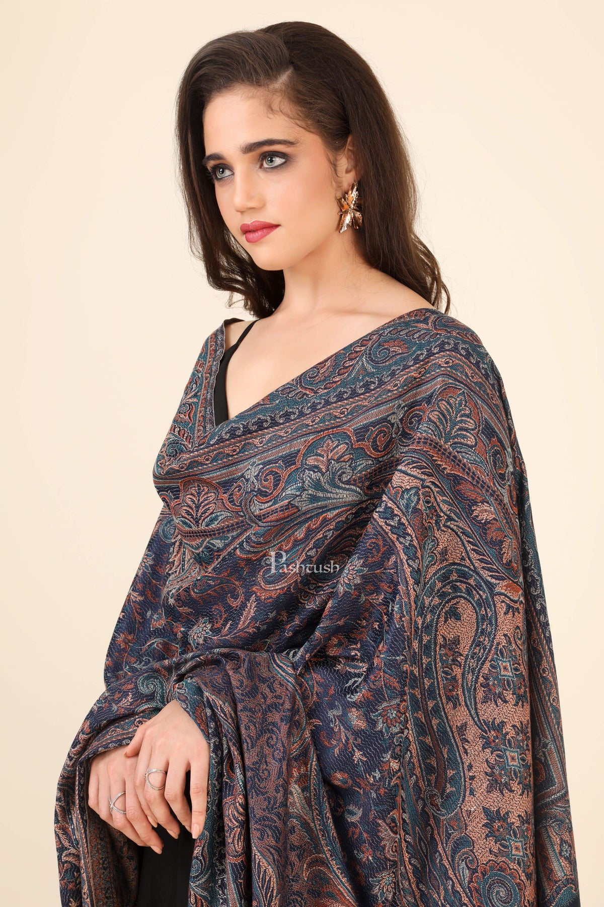 Pashtush India 100x200 Pashtush Women's Jamawar Shawl, Faux Pashmina, Blue