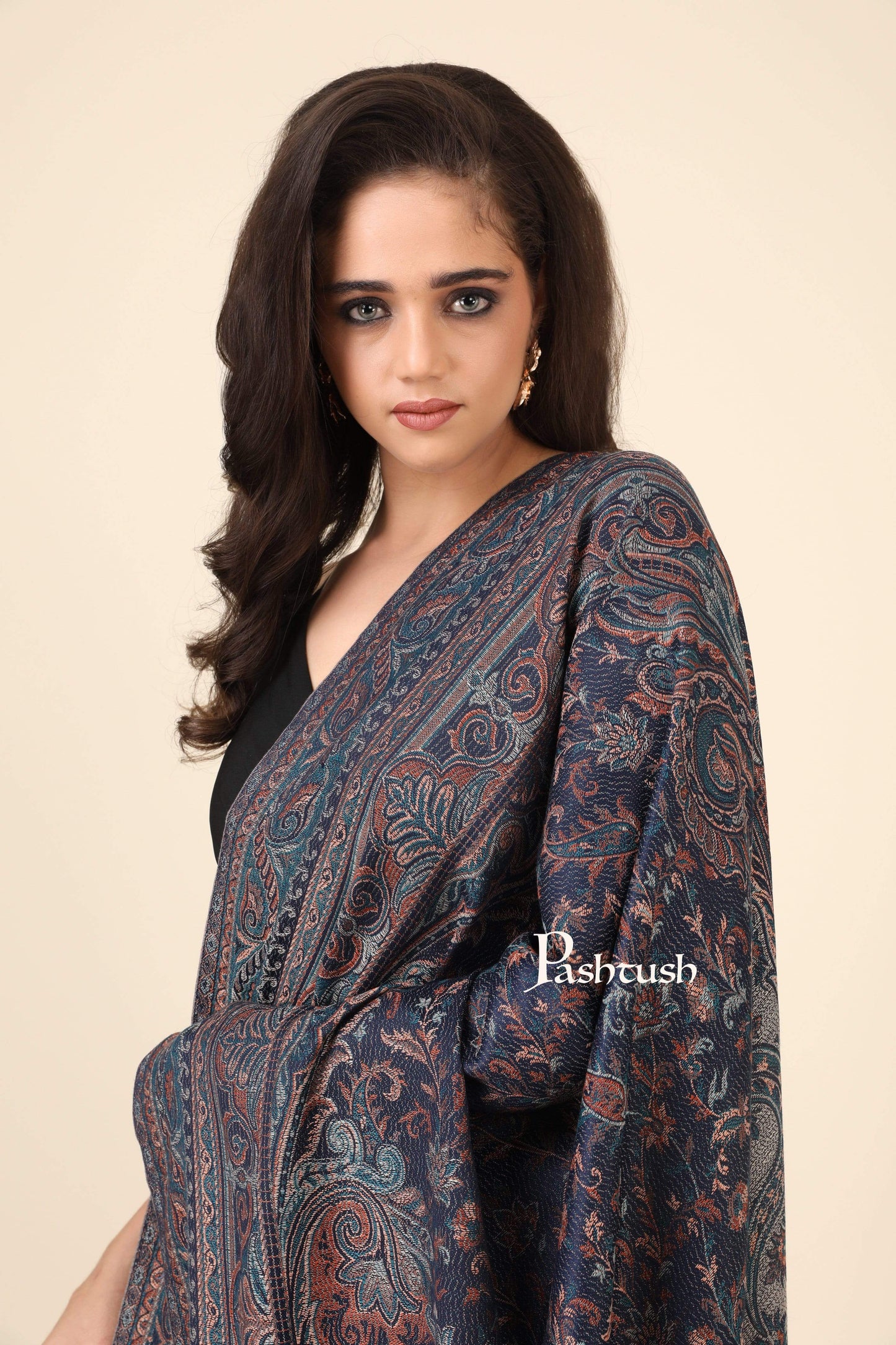 Pashtush India 100x200 Pashtush Women's Jamawar Shawl, Faux Pashmina Blue