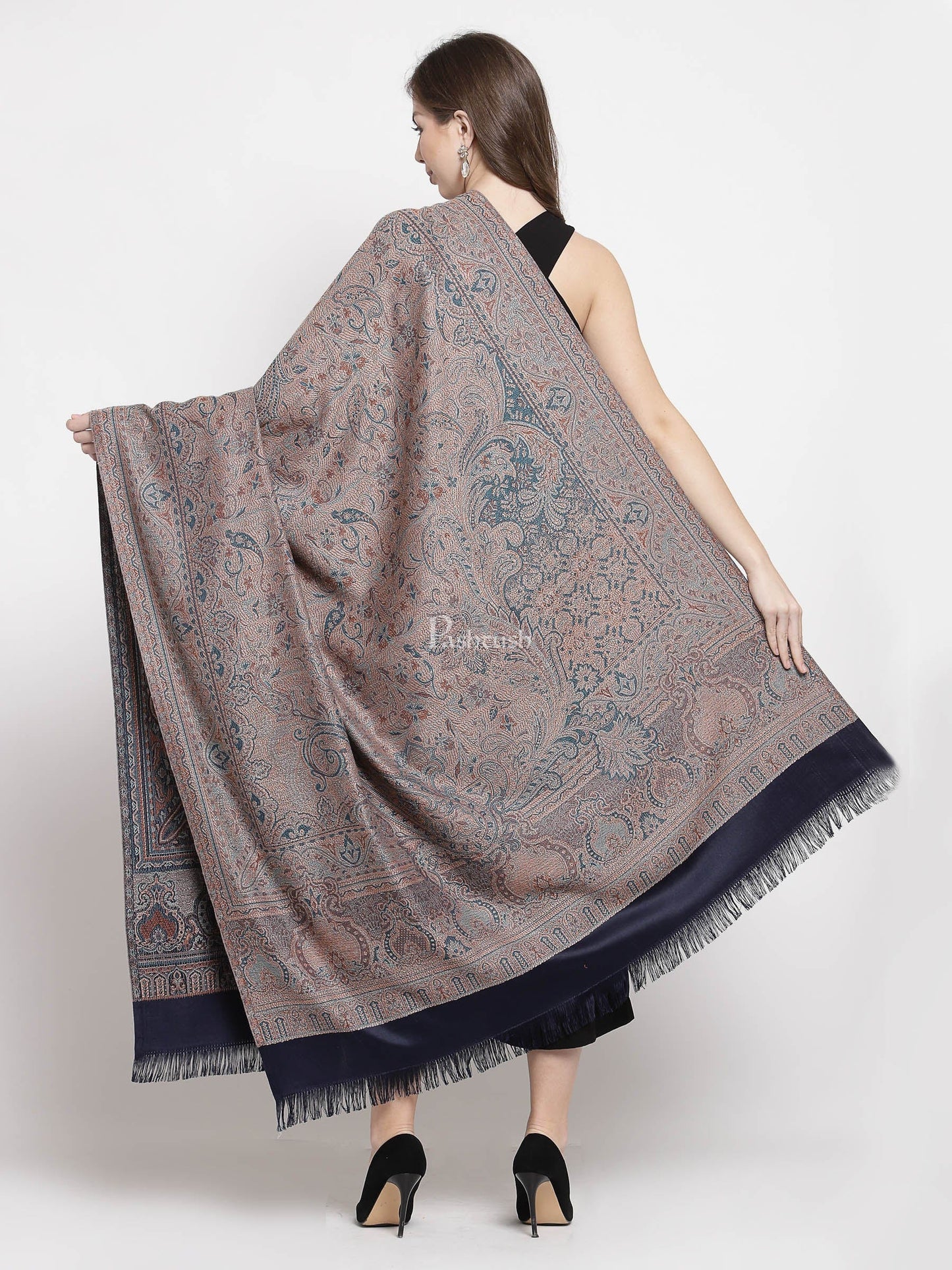 Pashtush India Womens Shawls Pashtush Women'S Jamawar Shawl, Faux Pashmina, Navy Blue, Reversible