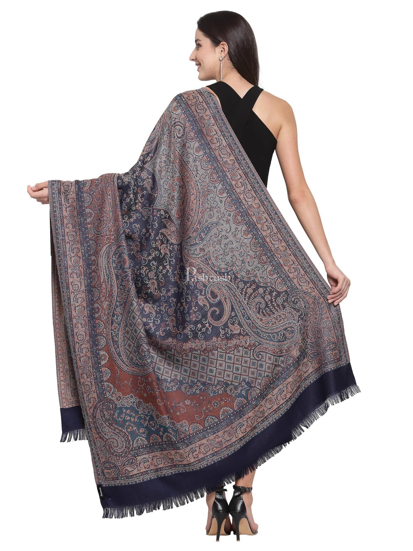 Pashtush India Womens Shawls Pashtush Women'S Jamawar Shawl, Navy Blue