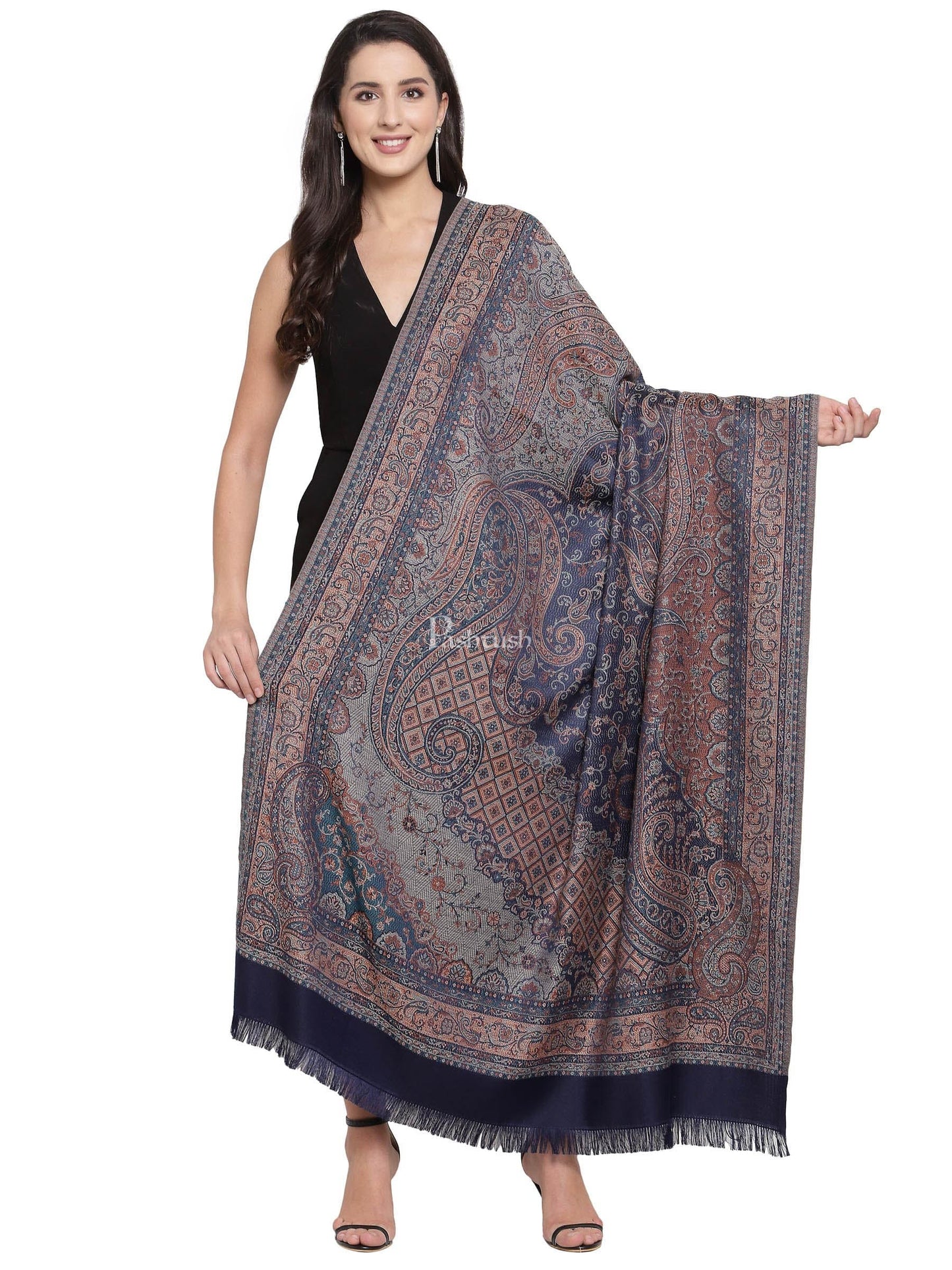 Pashtush India Womens Shawls Pashtush Women'S Jamawar Shawl, Navy Blue