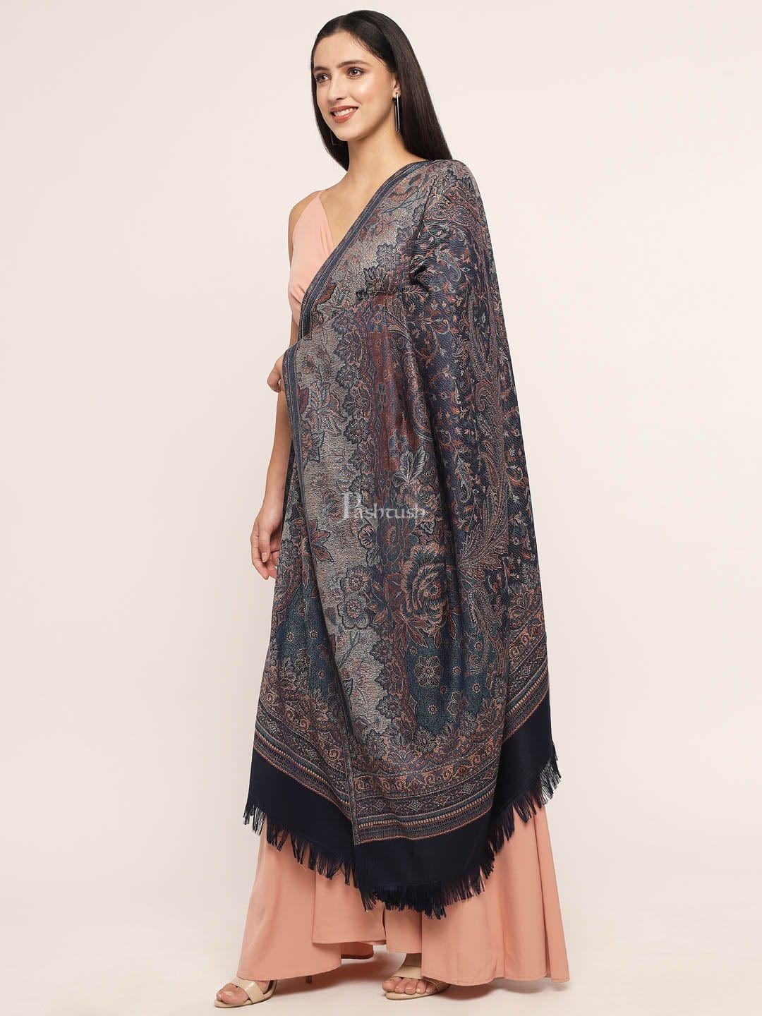 Pashtush India Womens Shawls Pashtush Women'S Jamawar Shawl, Navy Blue