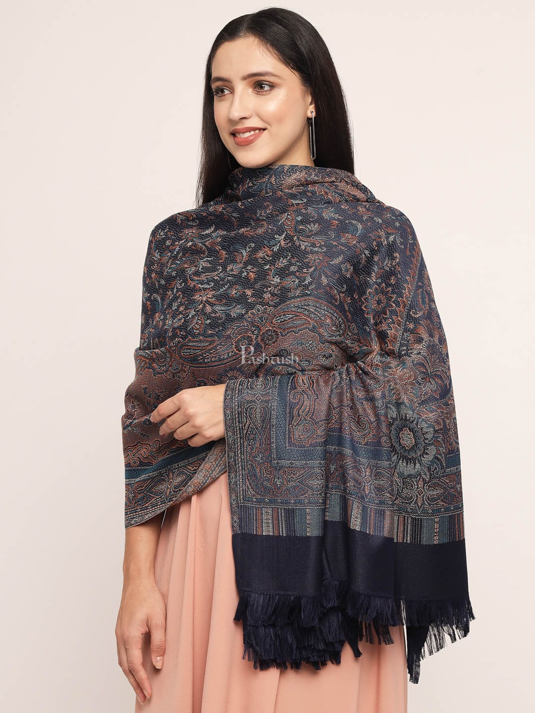 Pashtush India Womens Shawls Pashtush Women'S Jamawar Shawl, Navy Blue