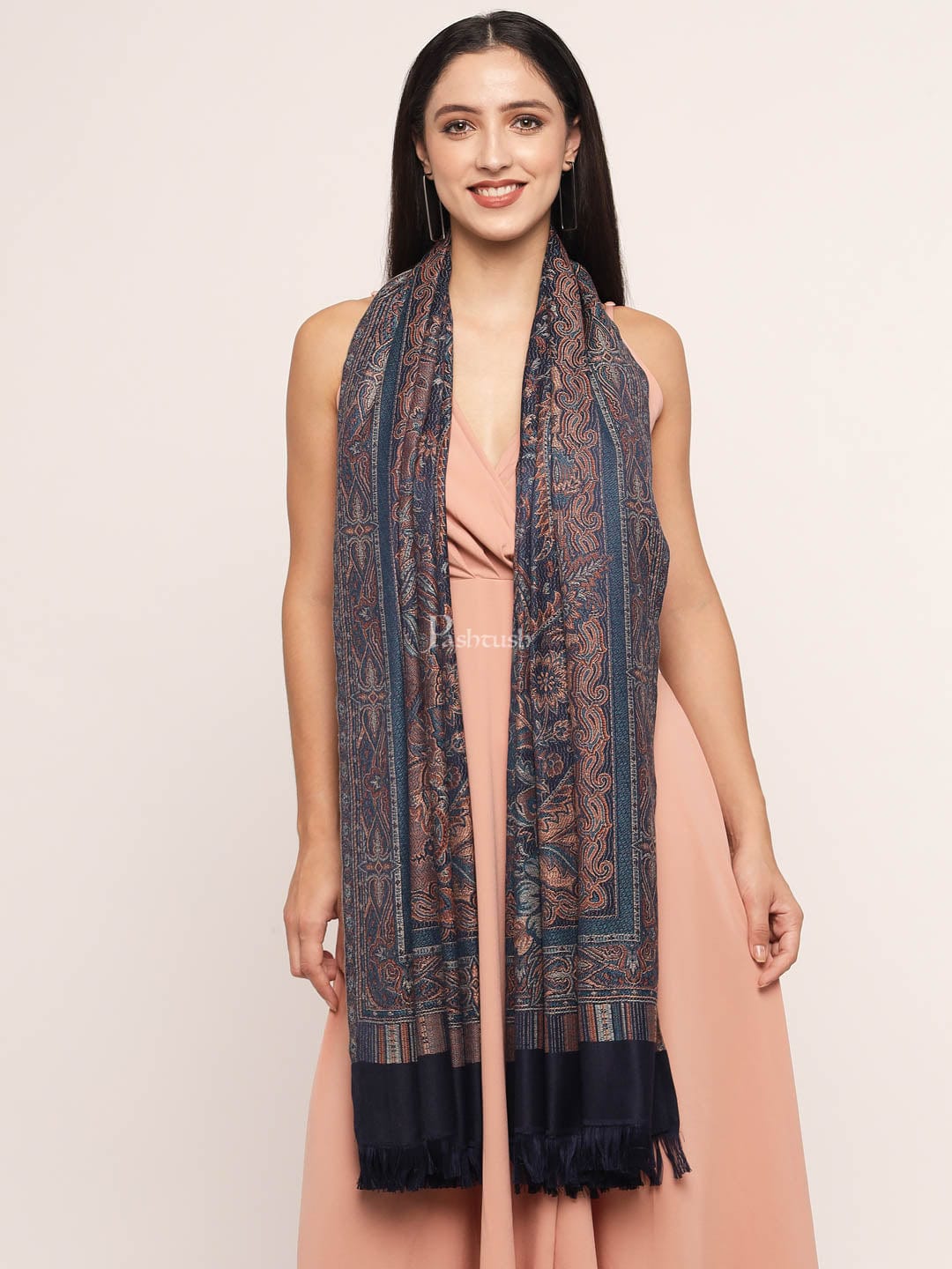Pashtush India Womens Shawls Pashtush Women'S Jamawar Shawl, Navy Blue