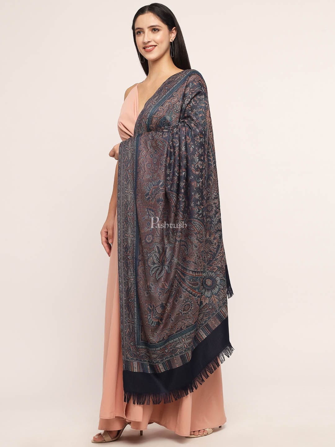 Pashtush India Womens Shawls Pashtush Women'S Jamawar Shawl, Navy Blue