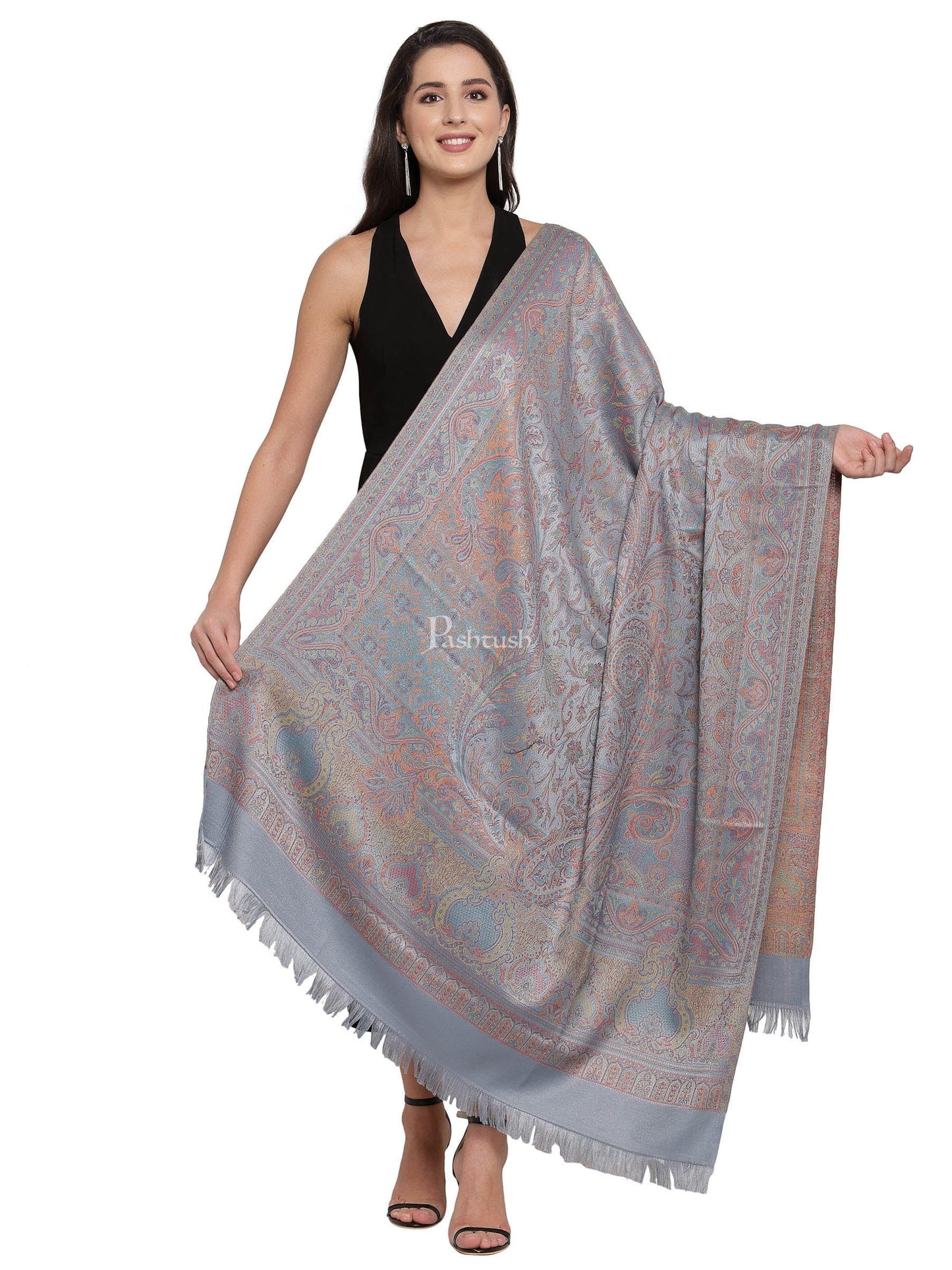 Pashtush India Womens Shawls Pashtush Women'S Jamawar Shawl, Slate Grey