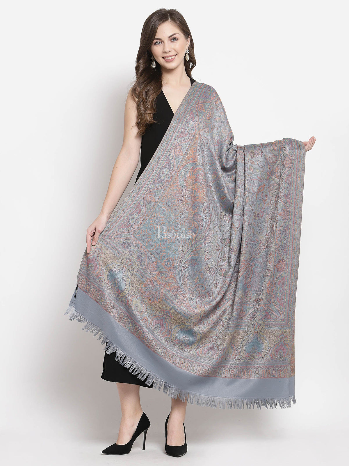 Pashtush India Womens Shawls Pashtush Women'S Jamawar Shawl, Slate Grey