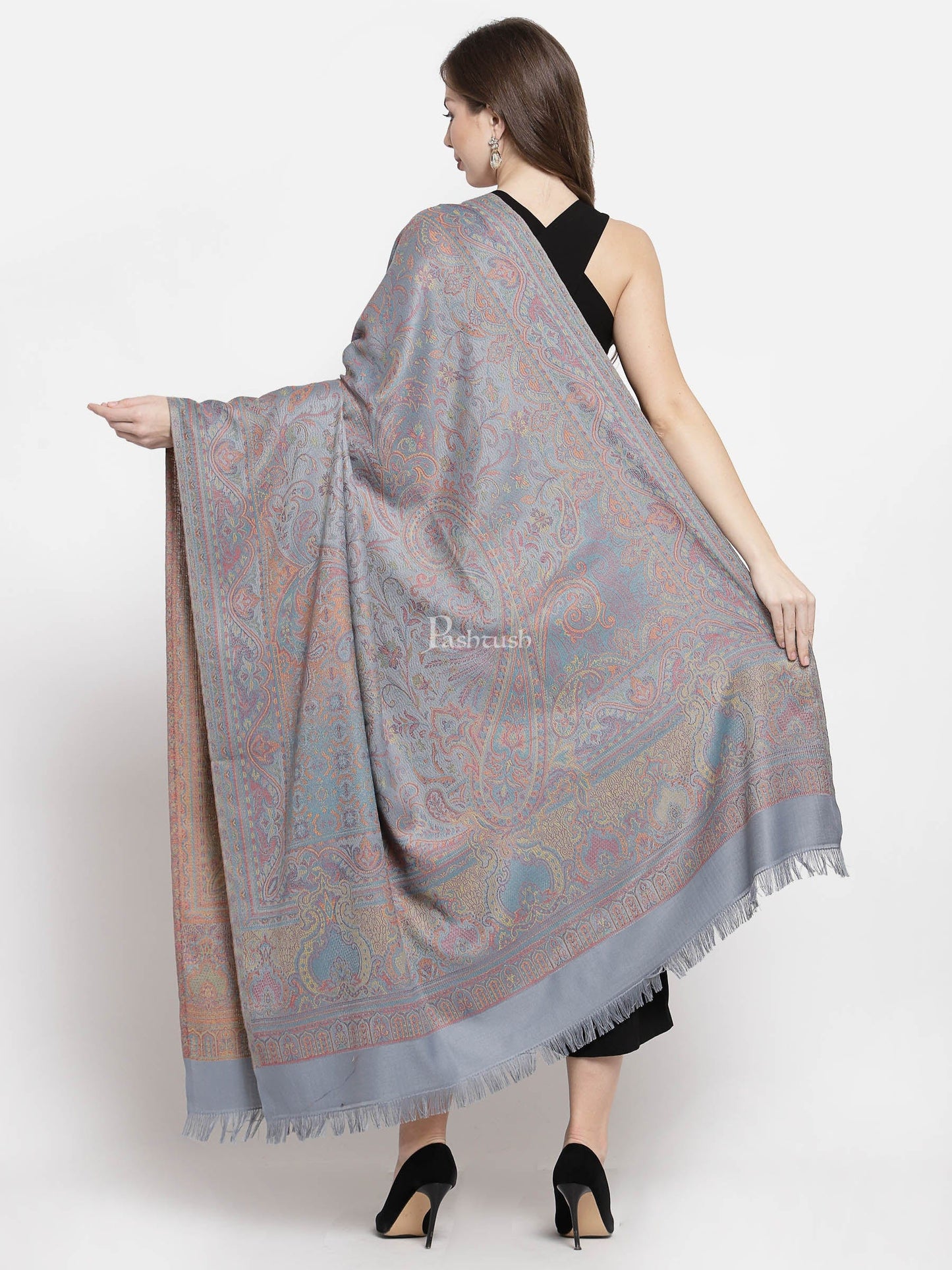 Pashtush India Womens Shawls Pashtush Women'S Jamawar Shawl, Slate Grey