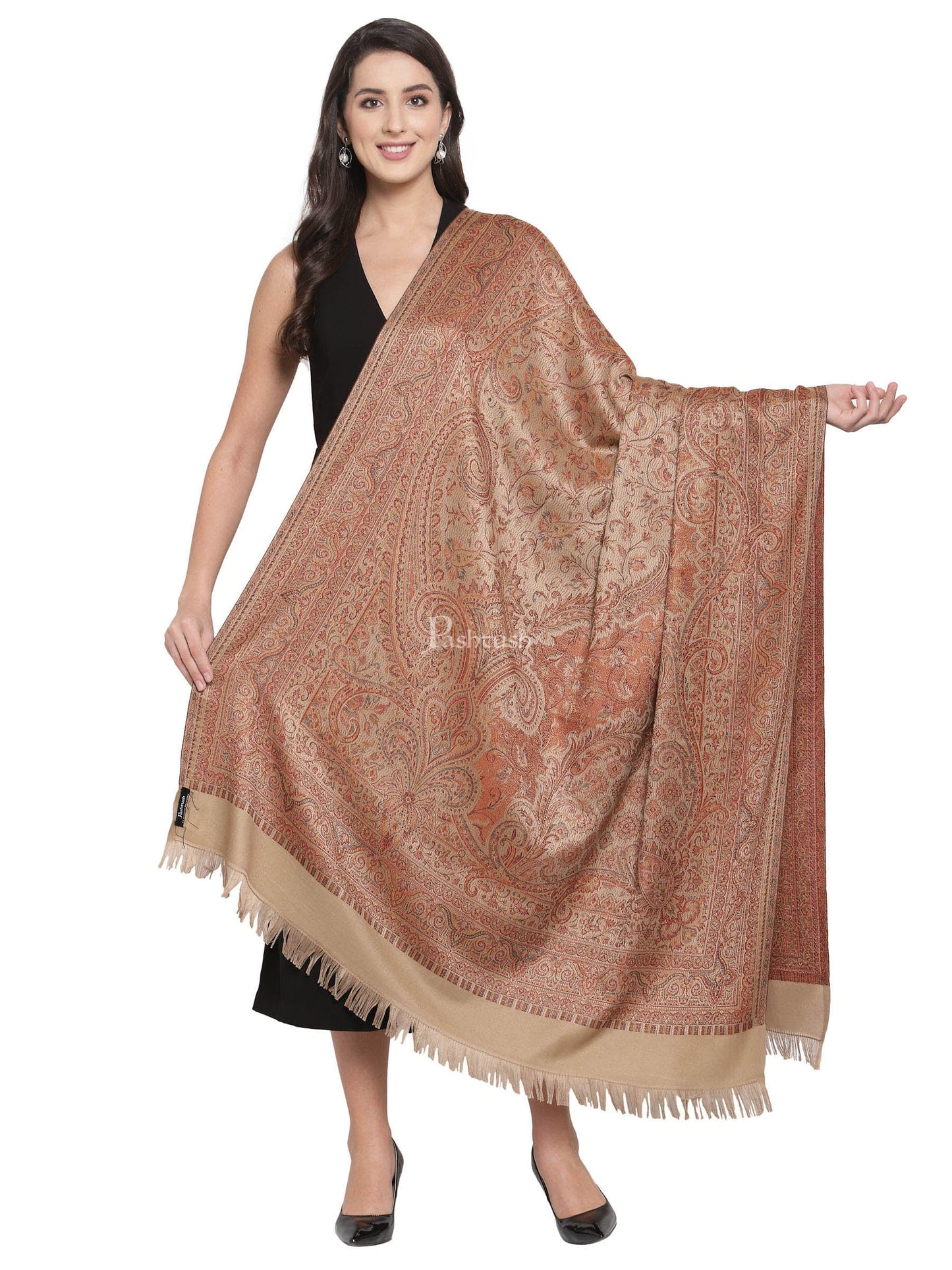 Pashtush India Womens Shawls Pashtush Women'S Jamawar Shawl, Soft And Warm Earthy Beige