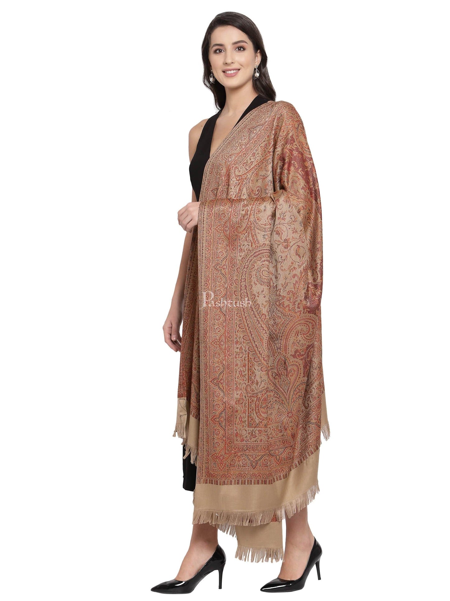 Pashtush India Womens Shawls Pashtush Women'S Jamawar Shawl, Soft And Warm Earthy Beige