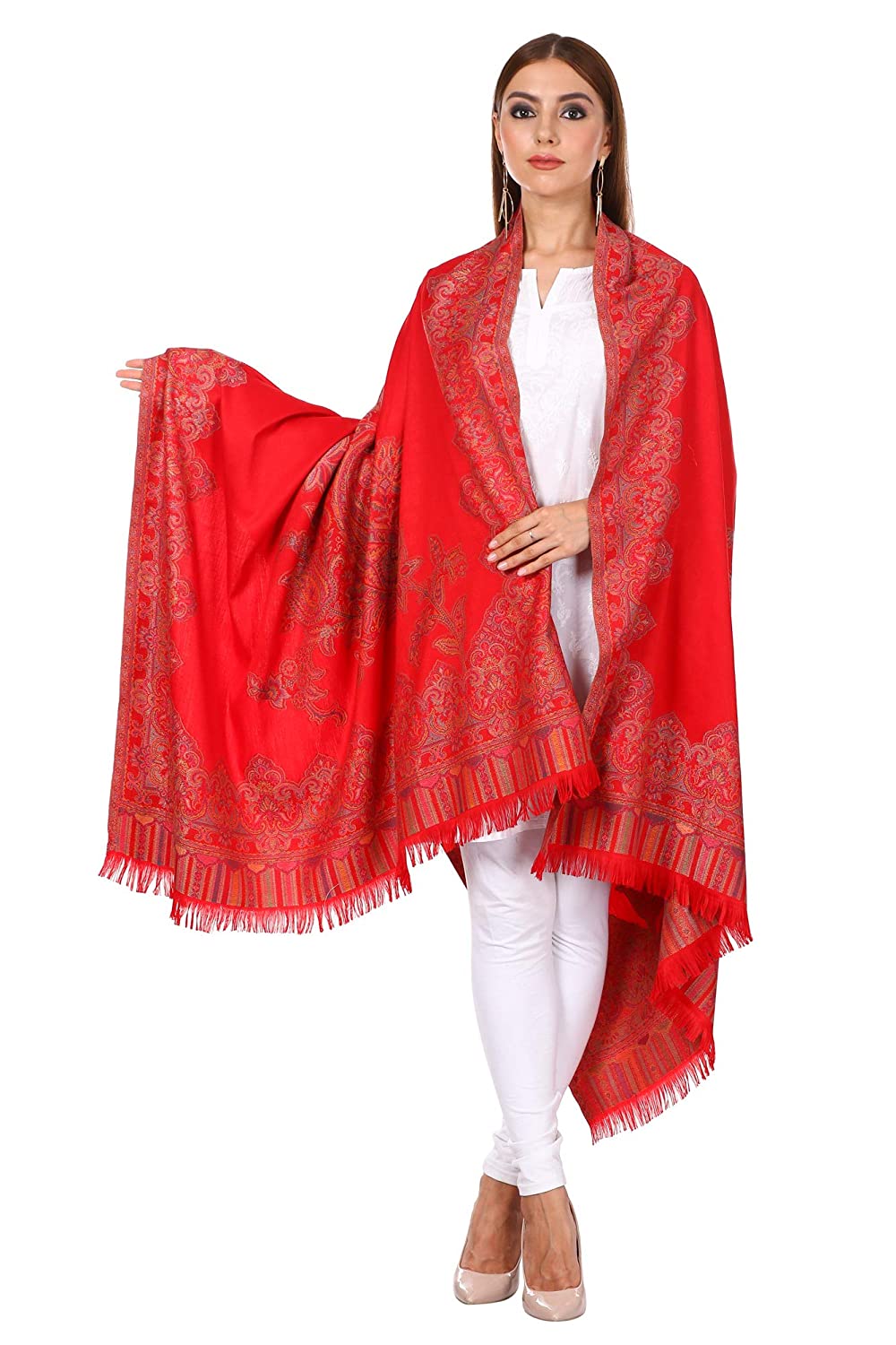 Pashtush India 100x200 Pashtush Women's Kashmiri Jacquard Ambi Shawl, Warm and soft, Faux Pashmina - Red