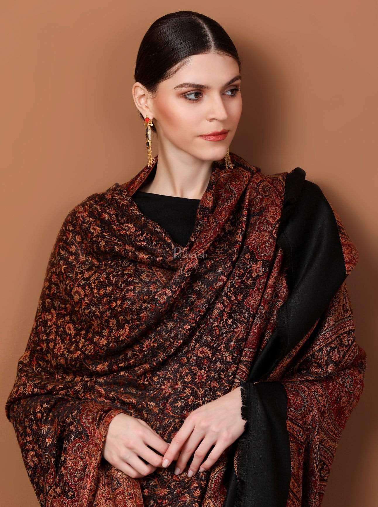 Pashtush India 100x200 Pashtush Women's Kashmiri Jamawar Shawl, Faux Pashmina Black