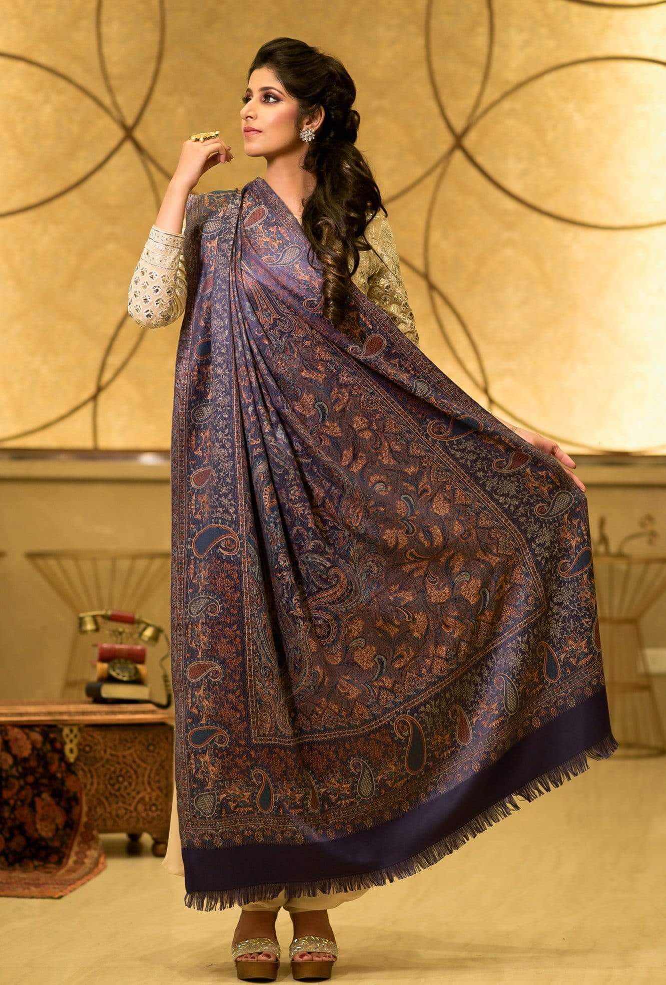 Pashtush India 100x200 Pashtush Women's Kashmiri Jamawar Shawl, Navy blue