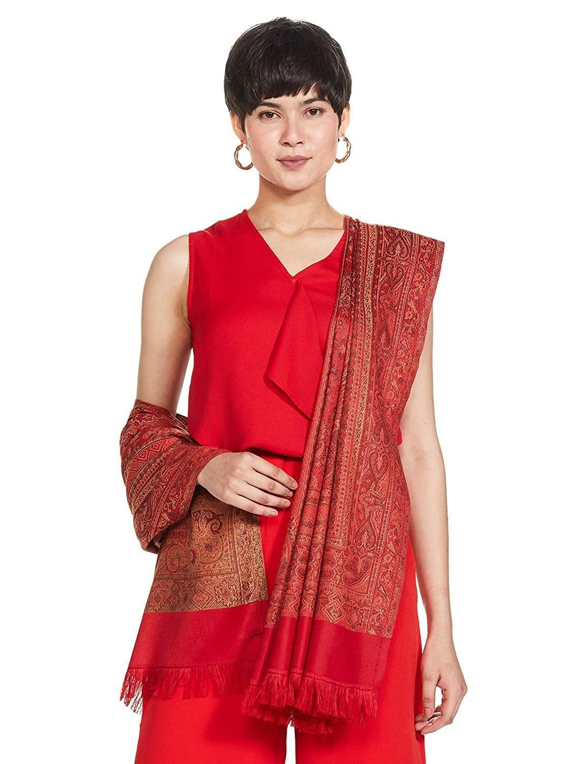 Pashtush India 100x200 Pashtush Women's Kashmiri Jamawar Shawl, Scarlet Red