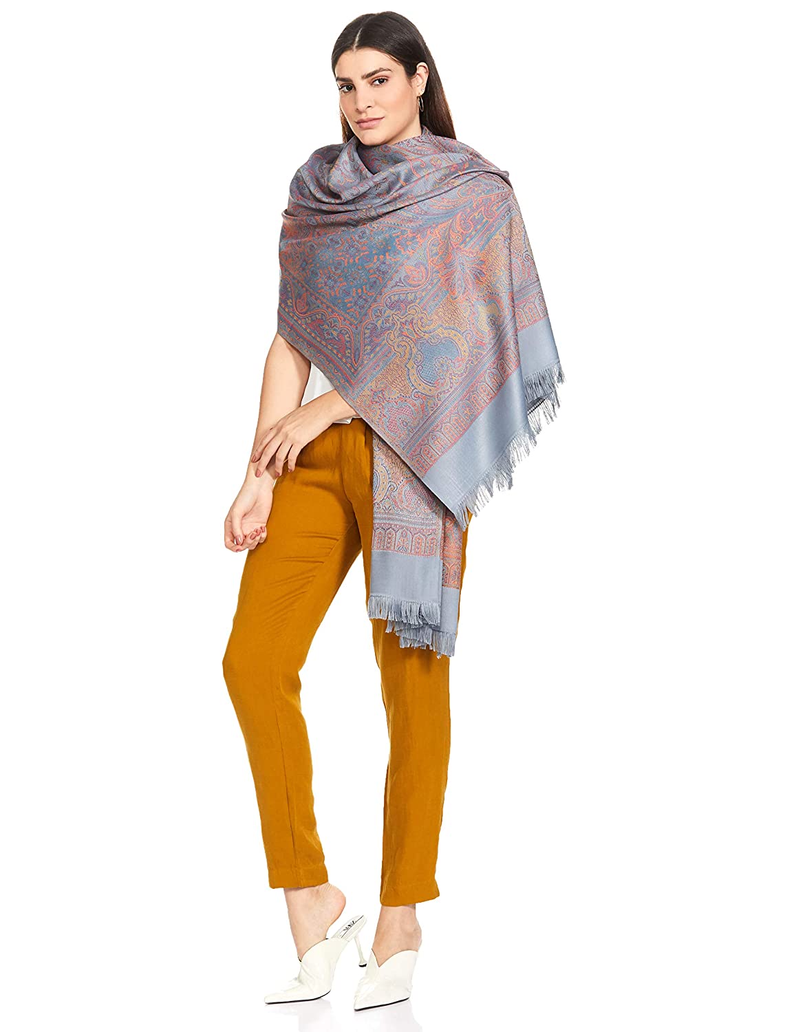 Pashtush India 100x200 Pashtush Women's Kashmiri Jamawar Shawl, Slate Grey