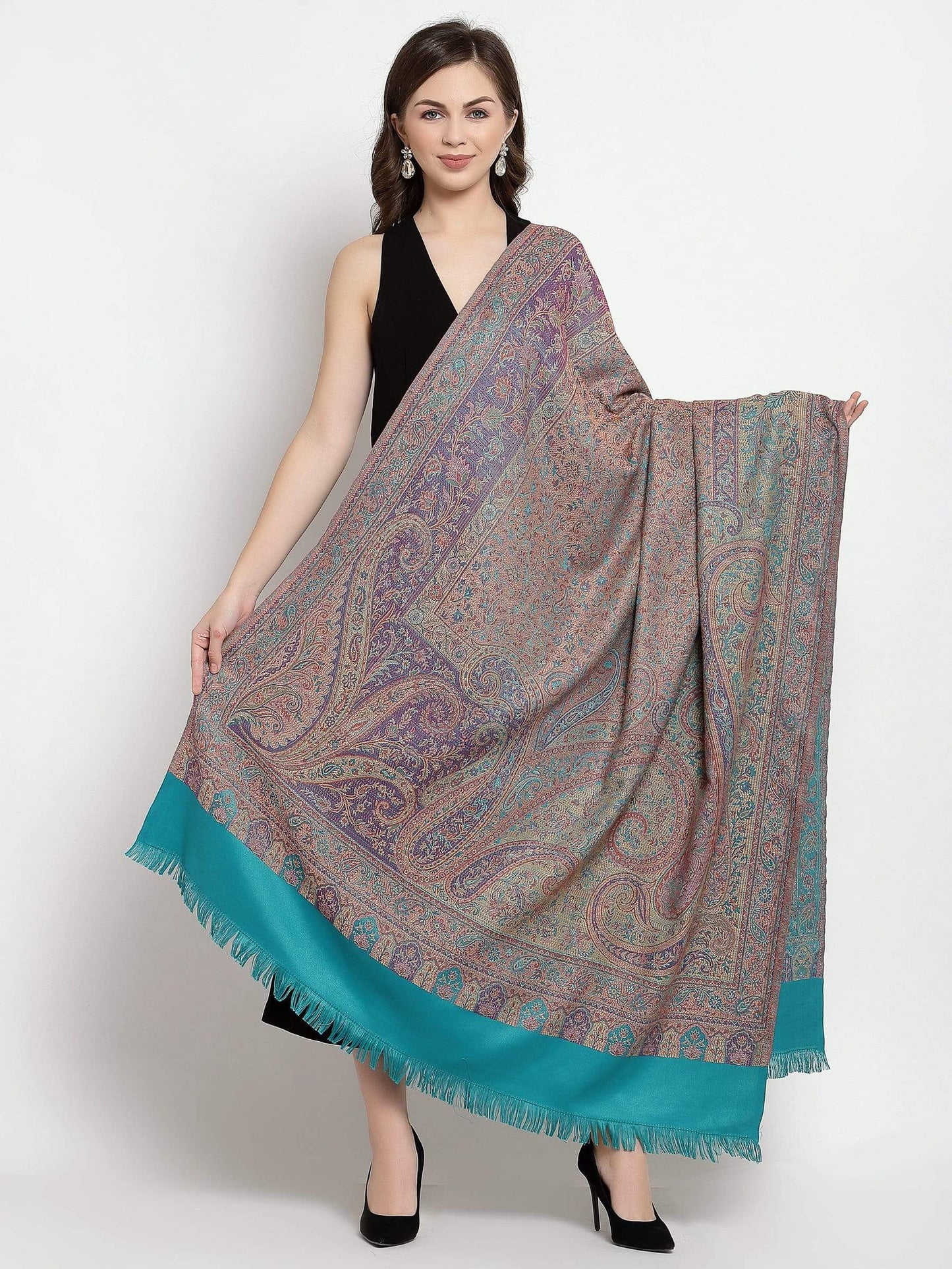 Pashtush India 100x200 Pashtush Women's Kashmiri Jamawar Shawl, Soft and Warm Arabic Blue