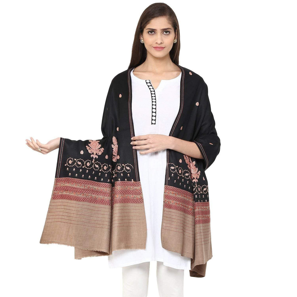 Pashtush India Shawl Pashtush Women's Kashmiri Woollen Hand Booty Shawl Black Free size