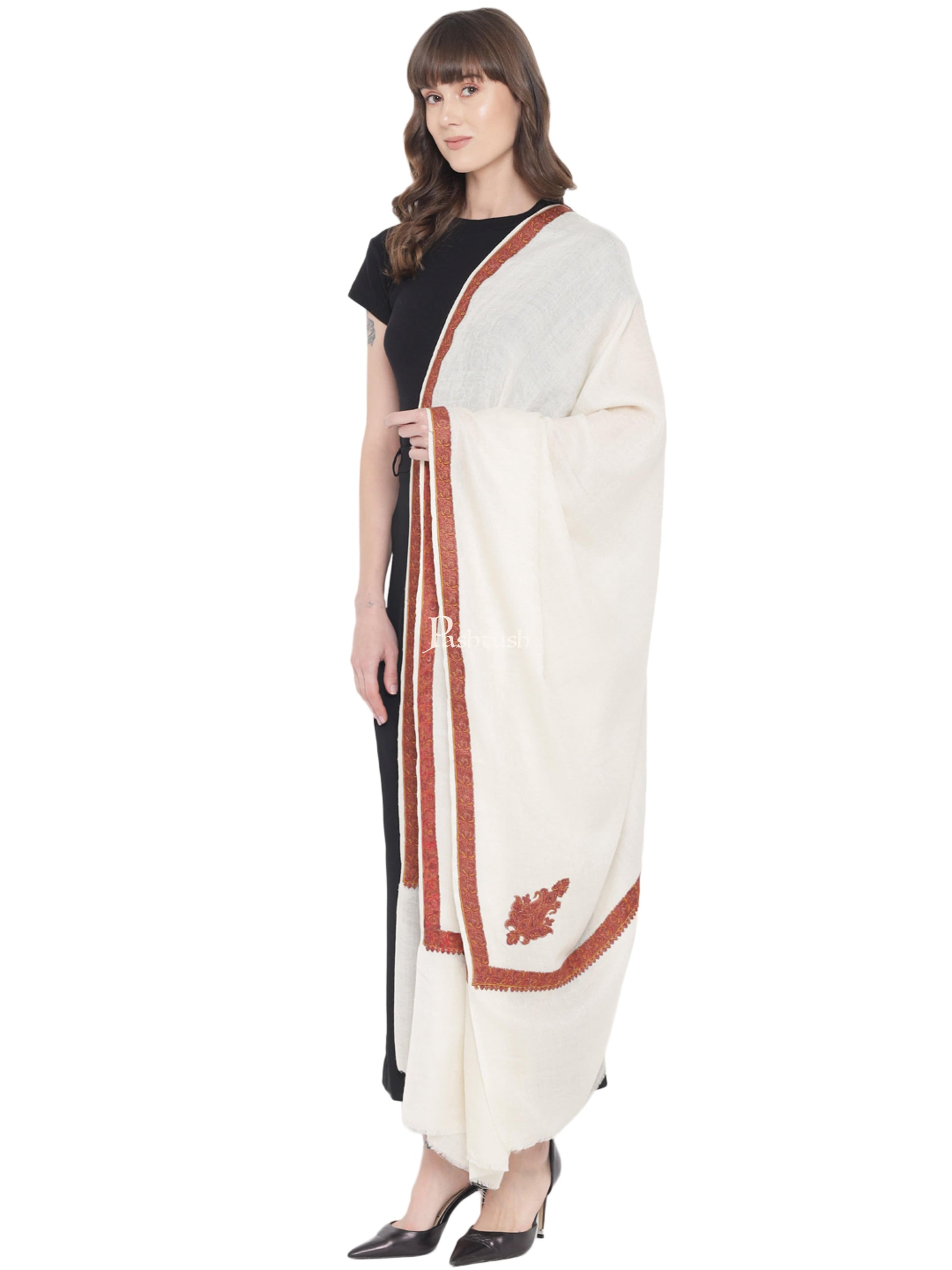 Pashtush India Womens Shawls Pashtush Women's Kingri Border Embroidery Shawl, Fine Wool, Ivory