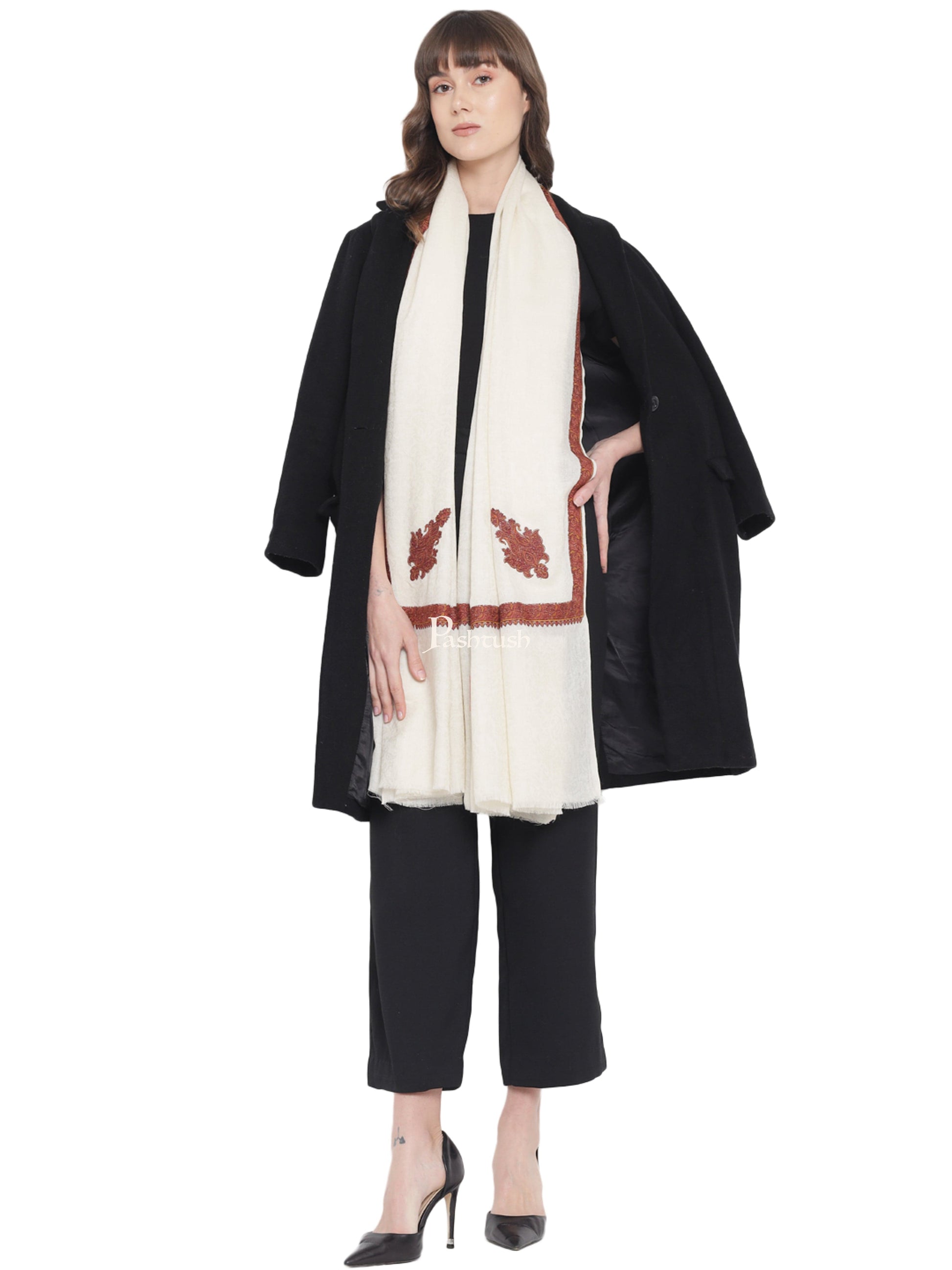 Pashtush India Womens Shawls Pashtush Women's Kingri Border Embroidery Shawl, Fine Wool, Ivory